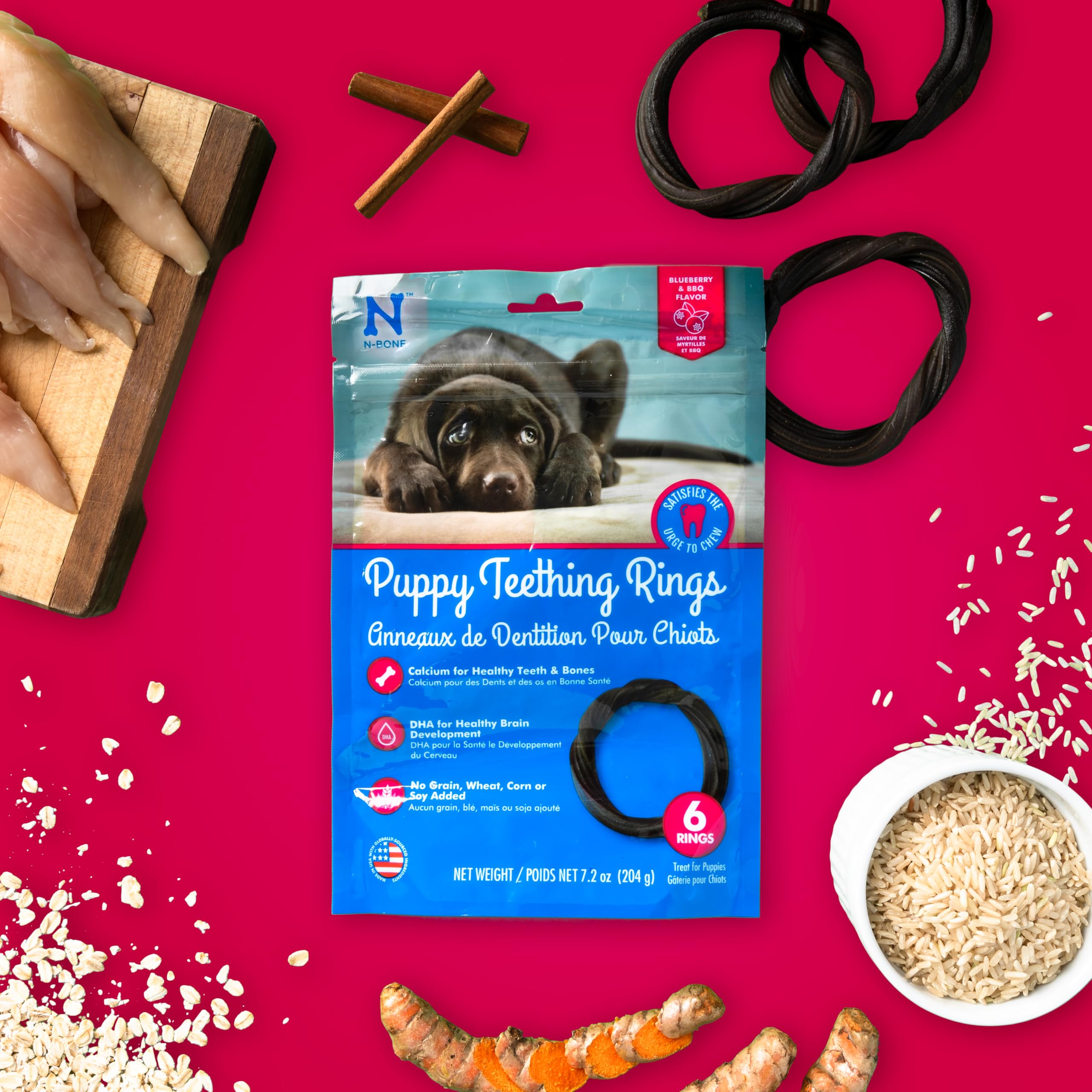 N-Bone Puppy Teething Rings Grain-Free Blueberry & Bbq Flavor Dog Treat, 6 Count Bag, 7.2-Oz