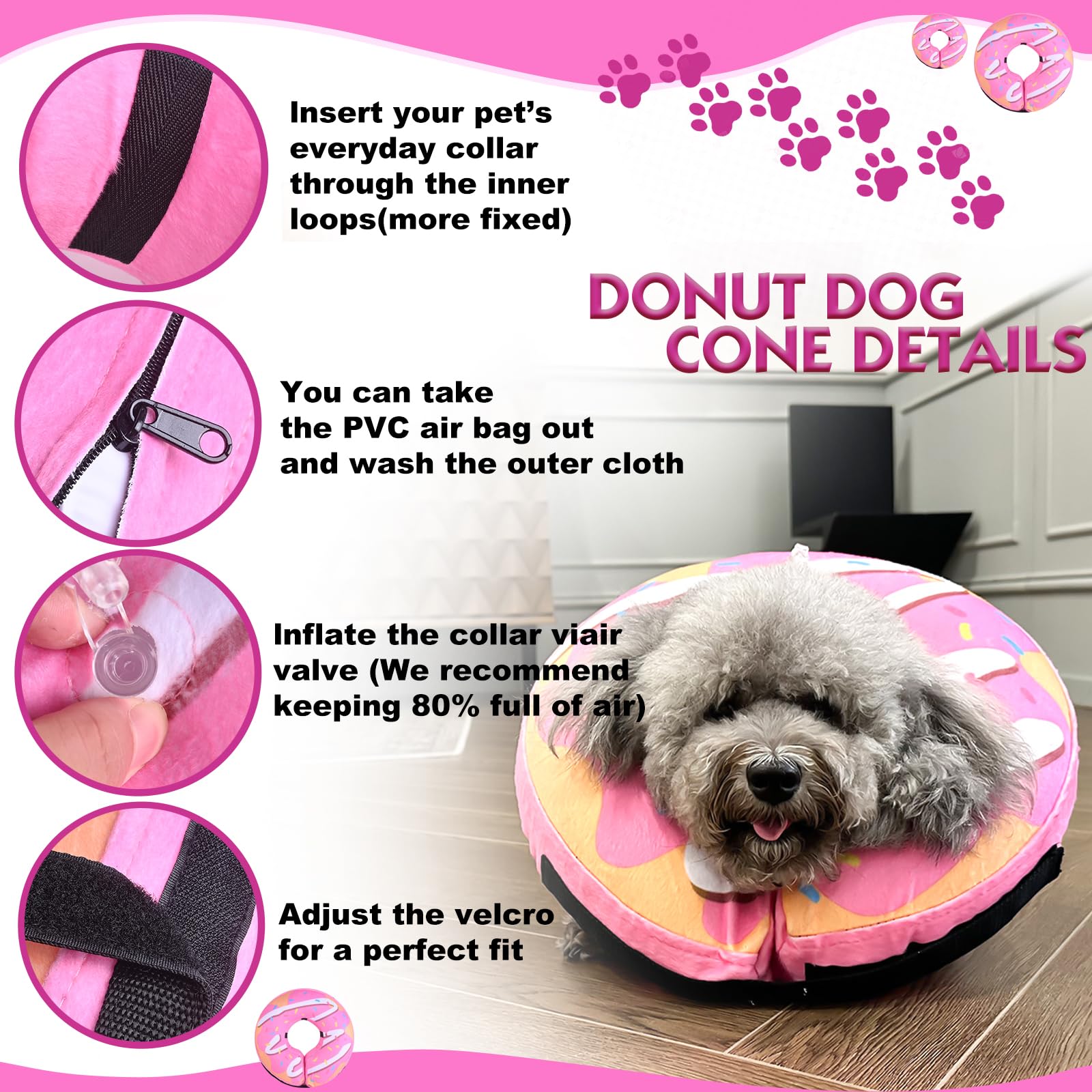 BGGo Inflatable Dog Cone - Soft Adjustable PVC Donut Collar for Dogs & Cats, Large, Yellow/Pink Cream, Model BG-DRC02