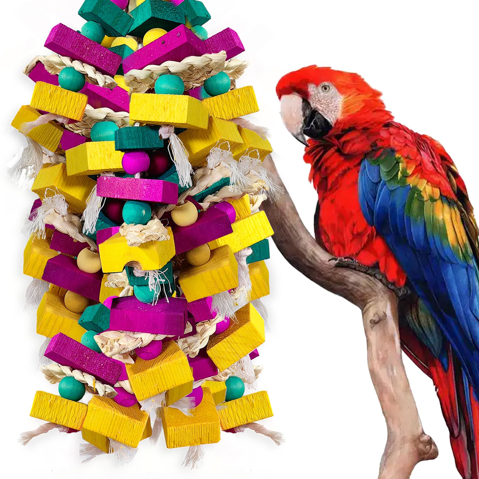 WQY GroceryShop Large Bird Toys, Multi-Color Wooden Block with Bamboo Support Bird Chewing Toy Parrot Cage Bite Toy for Macaws C