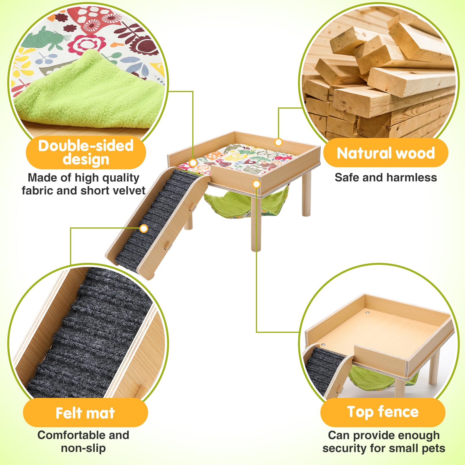 Guinea Pigs Hammock With Platform, Safe Wooden Guinea Pig Hideout With Stairs, Durable Small Pet Bed For Piggies Chinchilla Rat