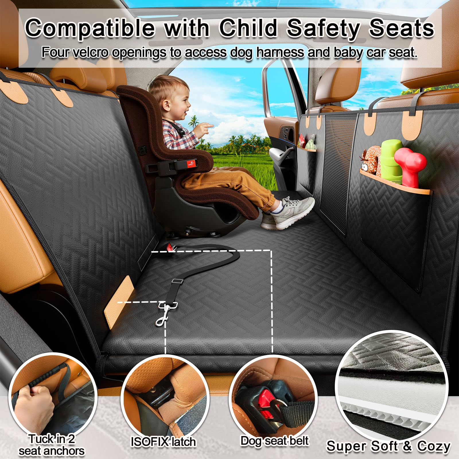 Rincus Anti Slip Pu Leather Rigid Dog Car Seat Cover With Baby Car Seat, Structured Back Seat Extender For Dogs Hard Bottom Hold