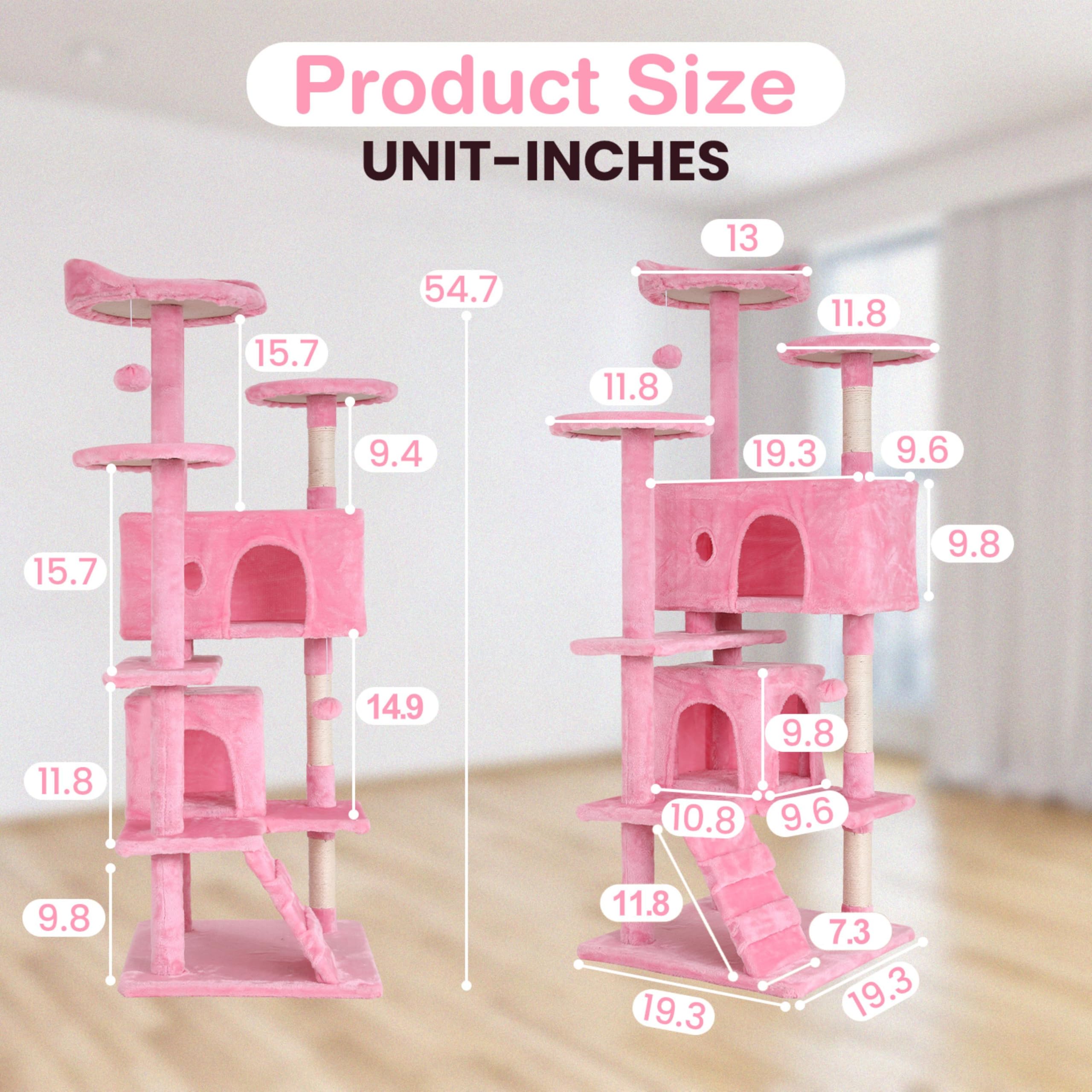 24/7 Shop At Home Court 54 Inch Multi-Level Cute Cat Tree Tower With Dangling Ball And Scratching Posts For Indoor Cats Adults,