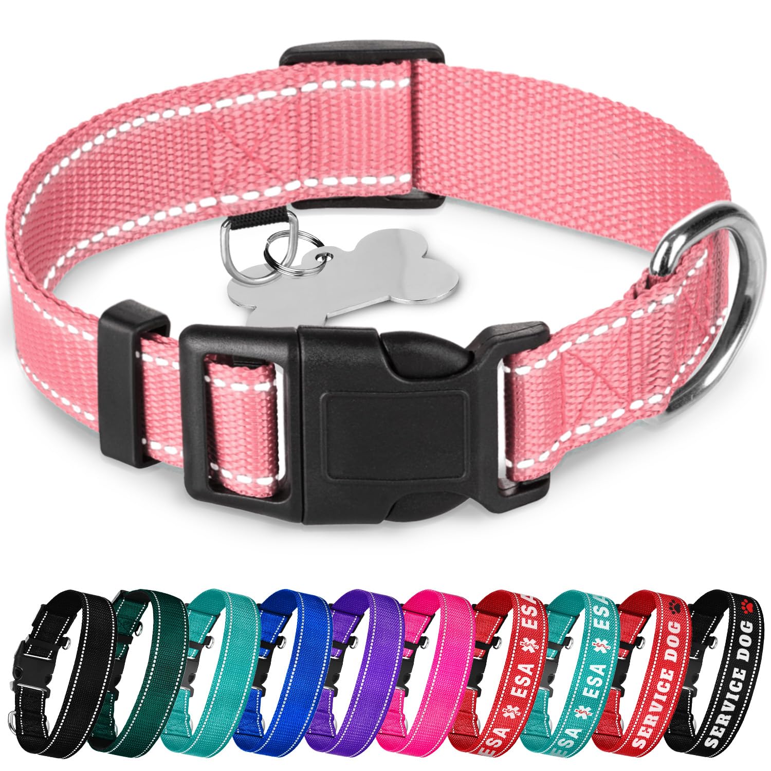 Teceum Reflective Dog Collar - Pink - L - Basic Nylon Pet Collar - Quick Release Buckle - Fits Small, Medium And Large Dogs, Pup