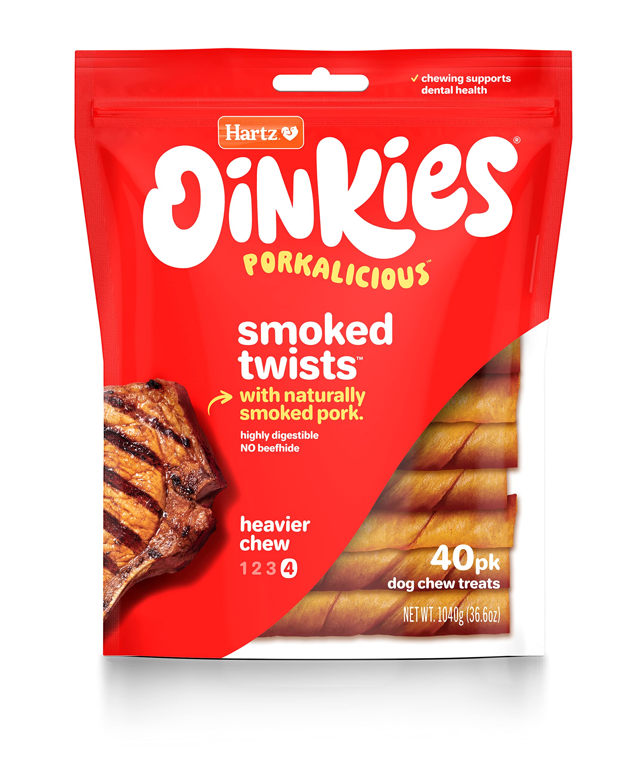 Hartz Oinkies Smoked Twists with Naturally Smoked Pork Rawhide-Free Dog Treats, Highly Digestible Long Lasting Dog Chews, 40 Cou