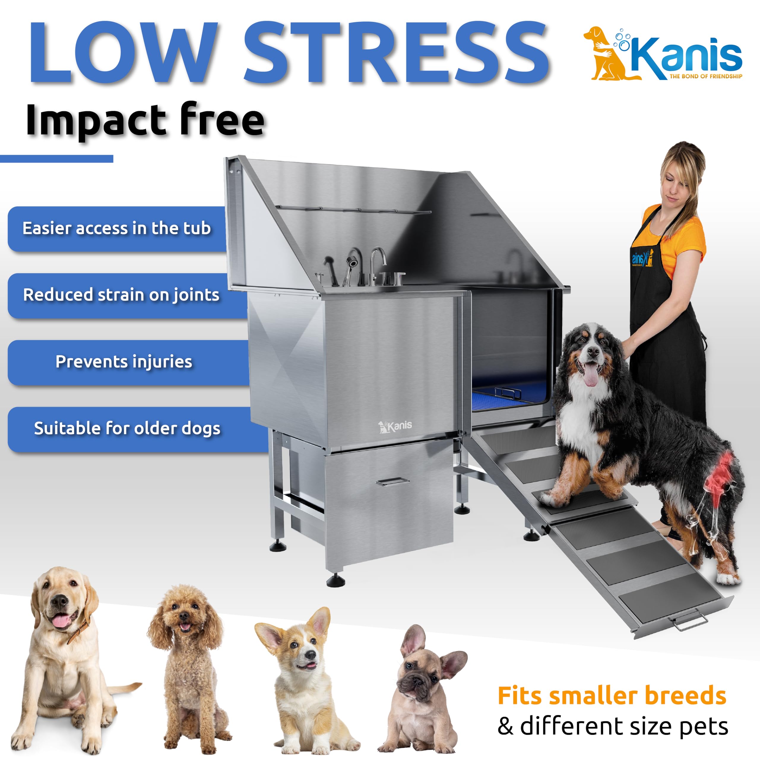 Kanis Professional Stainless Steel Dog Bathing Station - Grooming Tub W/Ramp, Storage Drawer, Floor Grate & Faucet/Dog Bathtub F