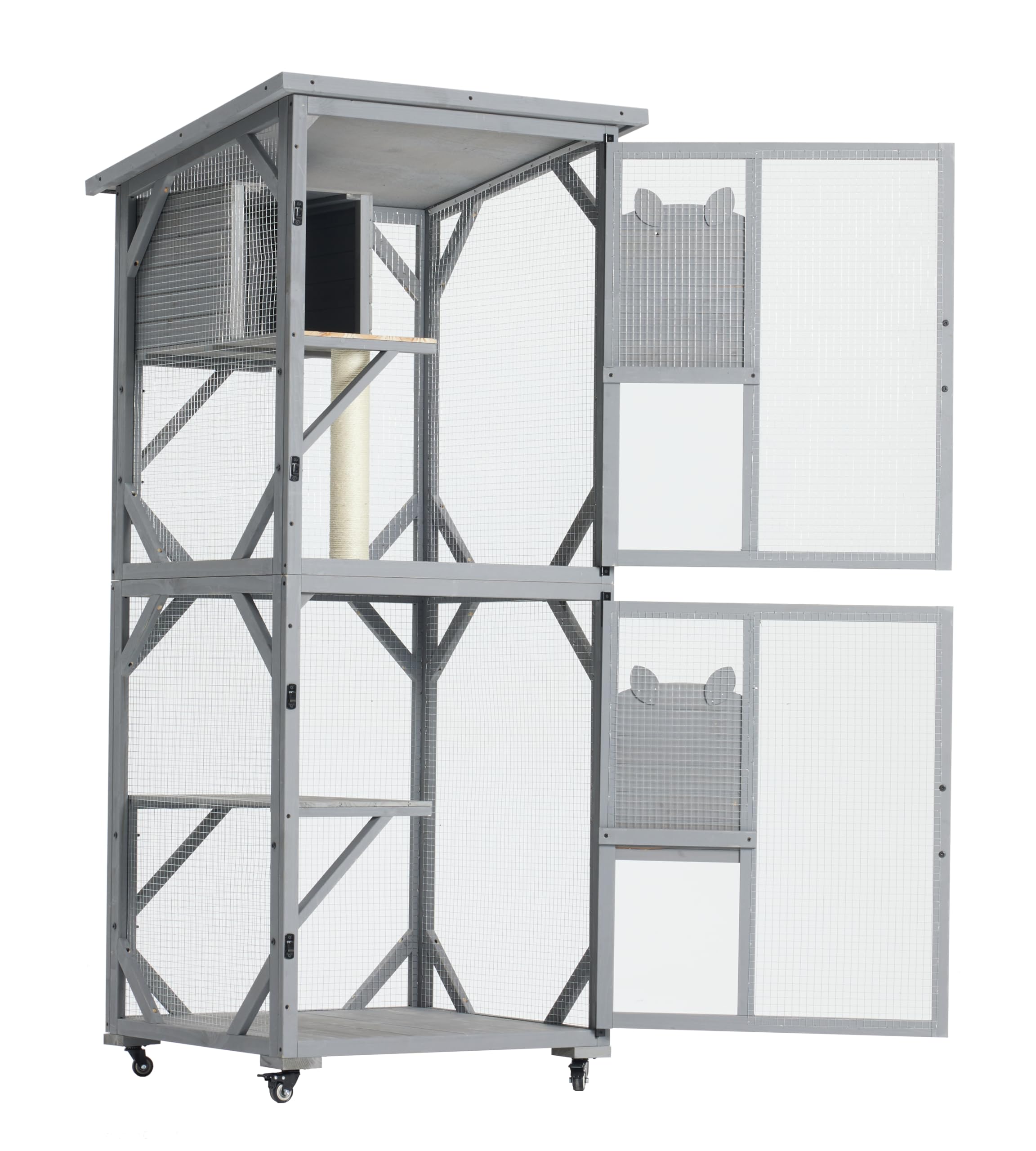 71Inches Large Wood Catio Outdoor Cat Enclosure With P6 Jumping Platforms & 2 Napping Houses, Cat House Indoor With Waterproof R