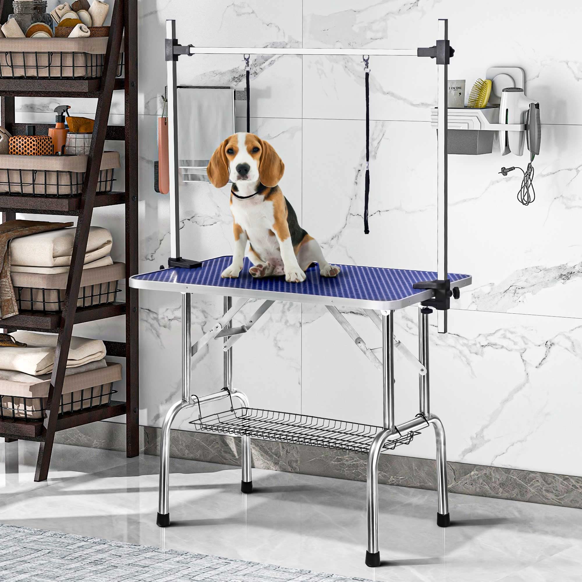 Rhomtree Professional 46' Adjustable Pet Grooming Table Heavy Duty With Arm & Nosse & Mesh Tray For Large Dog Cat Shower Table Bath Station, Maximum Capacity Up To 330 Lbs (46 Inch)