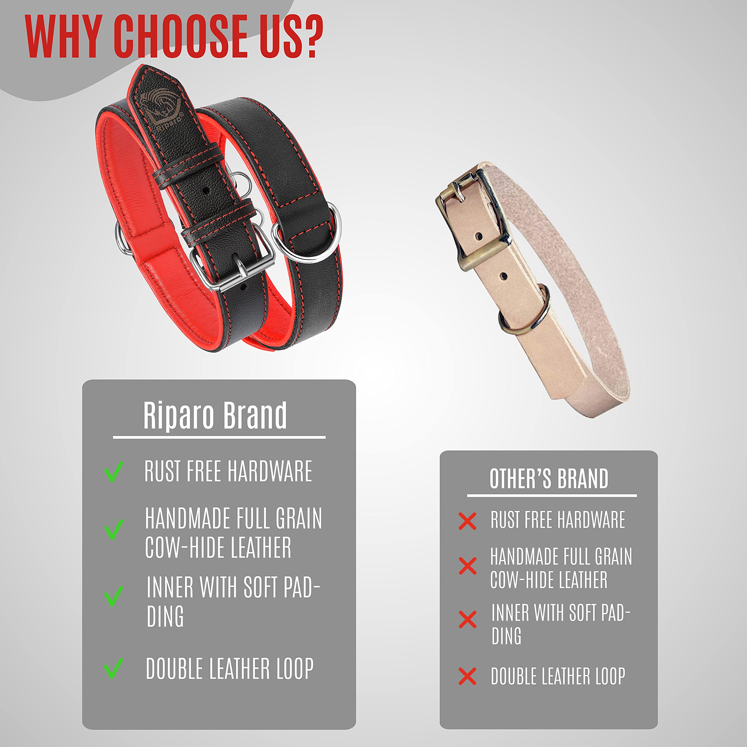 Riparo Genuine Leather Padded Dog Heavy Duty K-9 Adjustable Collar (S: 0.75    Wide For 10   -13.5    Neck, Black/Red Thread)