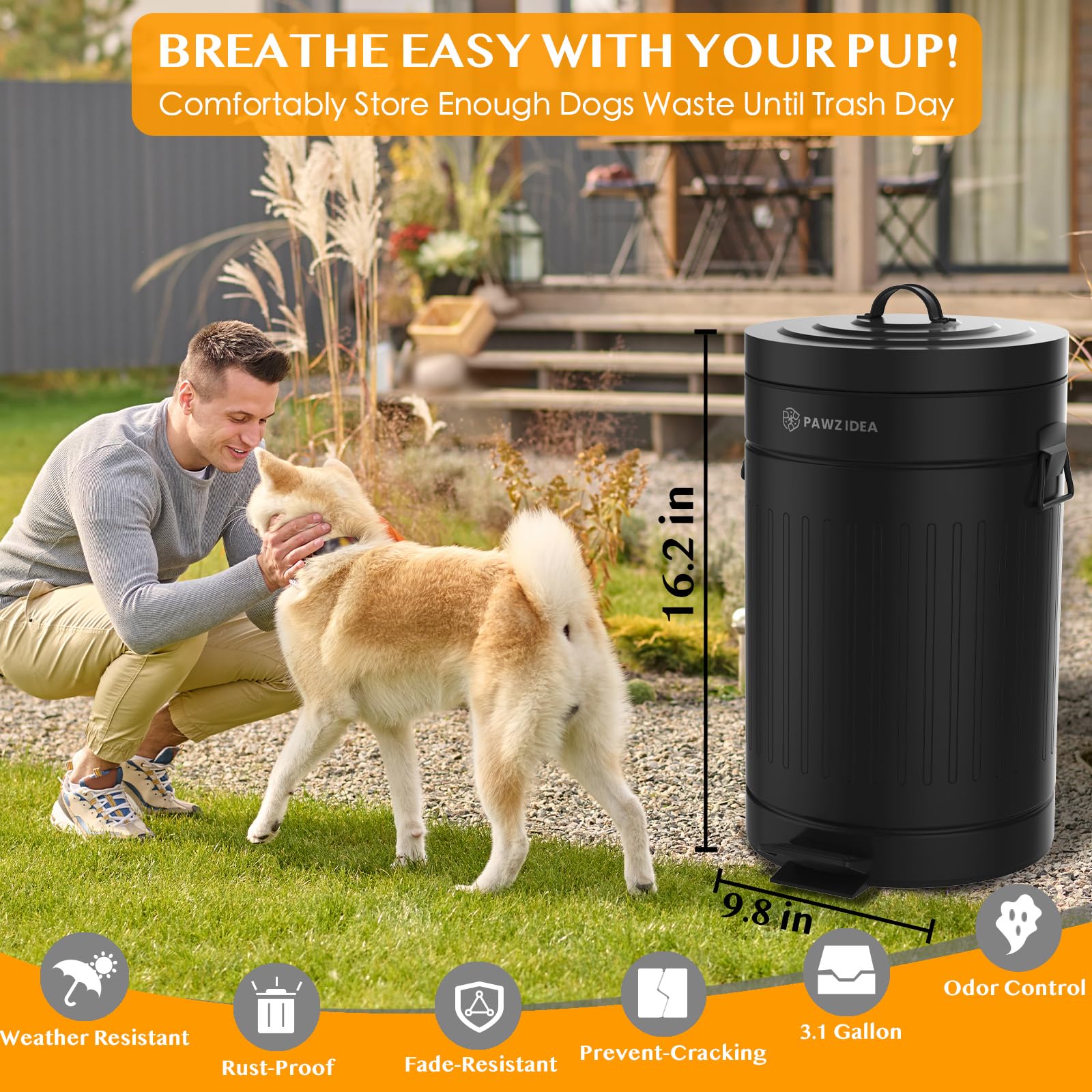 Pawzidea Dog Poop Trash Can Outside Odor Control, 3.1Gallon Large Dog Poop Can Outdoor With Lid, Waterproof Dog Waste Trash Can,