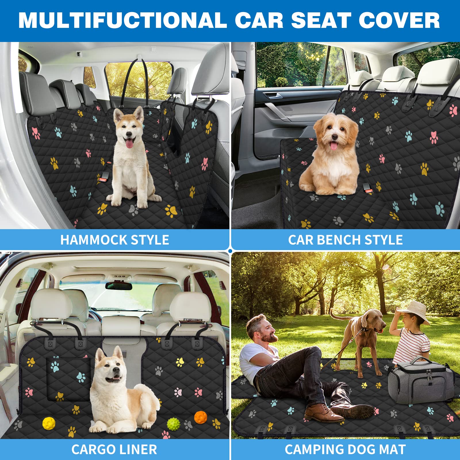 Beneathyourfeet Dog Seat Cover (56'' W X 62'' L, Colored Paw Prints) Scratch Prevention Dog Car Seat Cover For Back Seat Waterpr