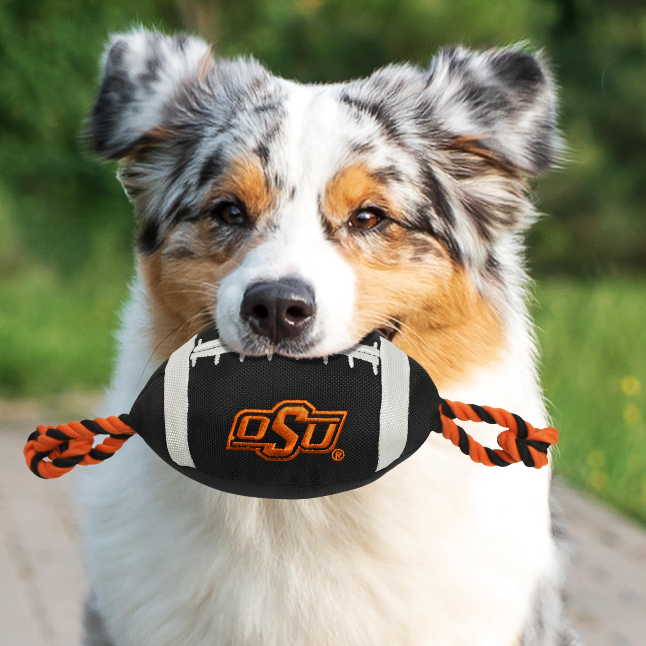 Pets First NCAA Oklahoma State Cowboys Football Dog Toy, Tough Quality Nylon Materials, Strong Pull Ropes, Inner Squeaker, Colle