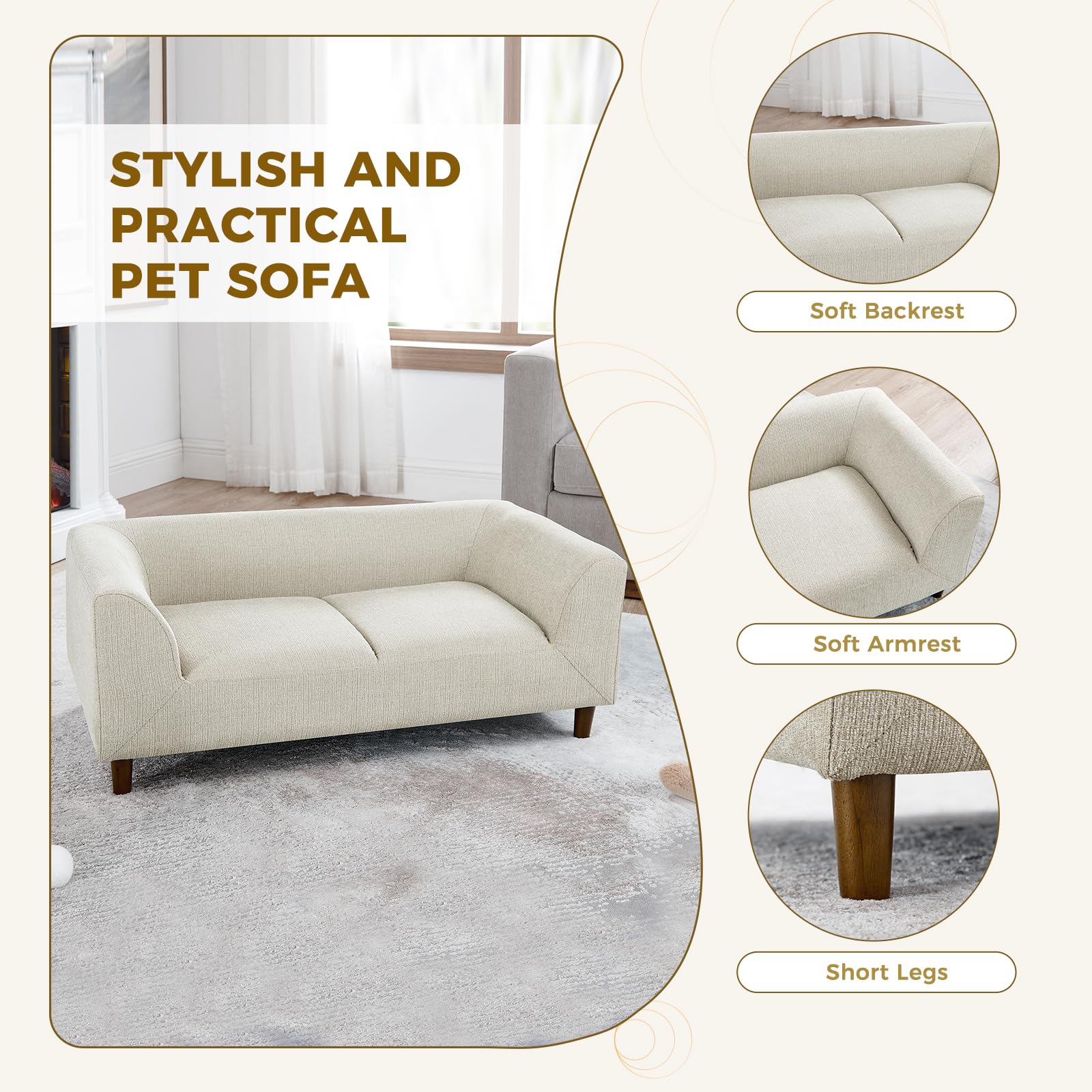 Dog Bed For Large Dogs Up To 50 Lbs, 28'' W Memory Foam Dog Sofa Bed, Modern Elevated Dog Couch Bed With Wooden Legs, Rectangle