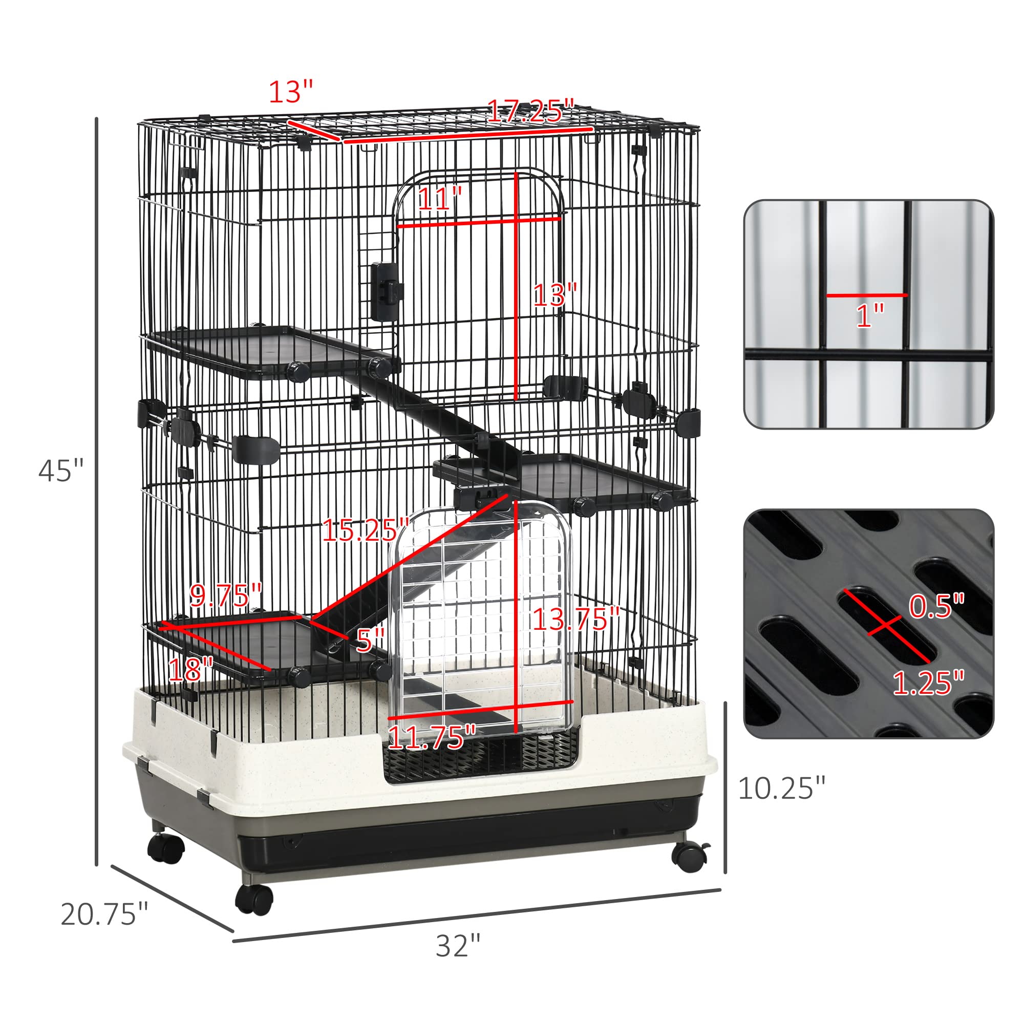 Pawhut 4-Level Small Animal Cage Rabbit Hutch With Wheels, Removable Tray, Platform And Ramp For Bunny, Chinchillas, Ferret, Black