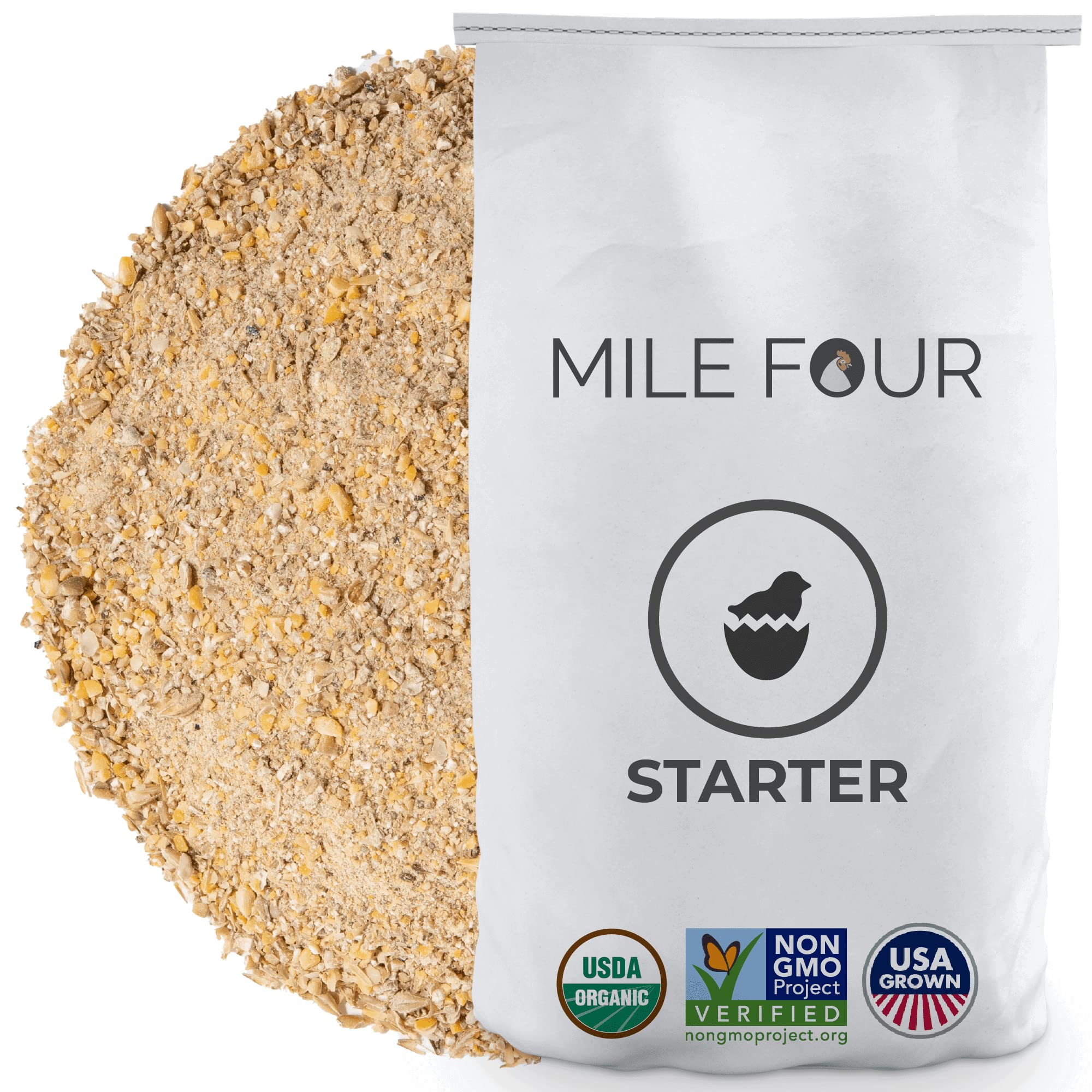 Mile Four Organic Chicken Feed - Starter Chick Mash, Non-GMO, USA Grown, 21% Protein, Corn-Free, Soy-Free, Non-Medicated Chick F
