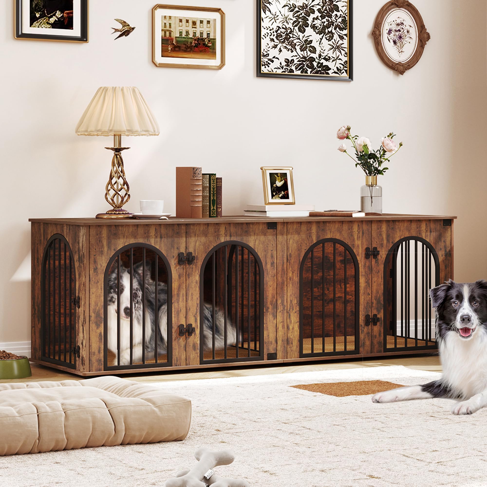 Hzuaneri 63 Dog Crate Furniture for 2 Dogs, Heavy Duty Indoor Dog Kennel TV Stand, XL Wooden Dog Cage with Divider for Medium La