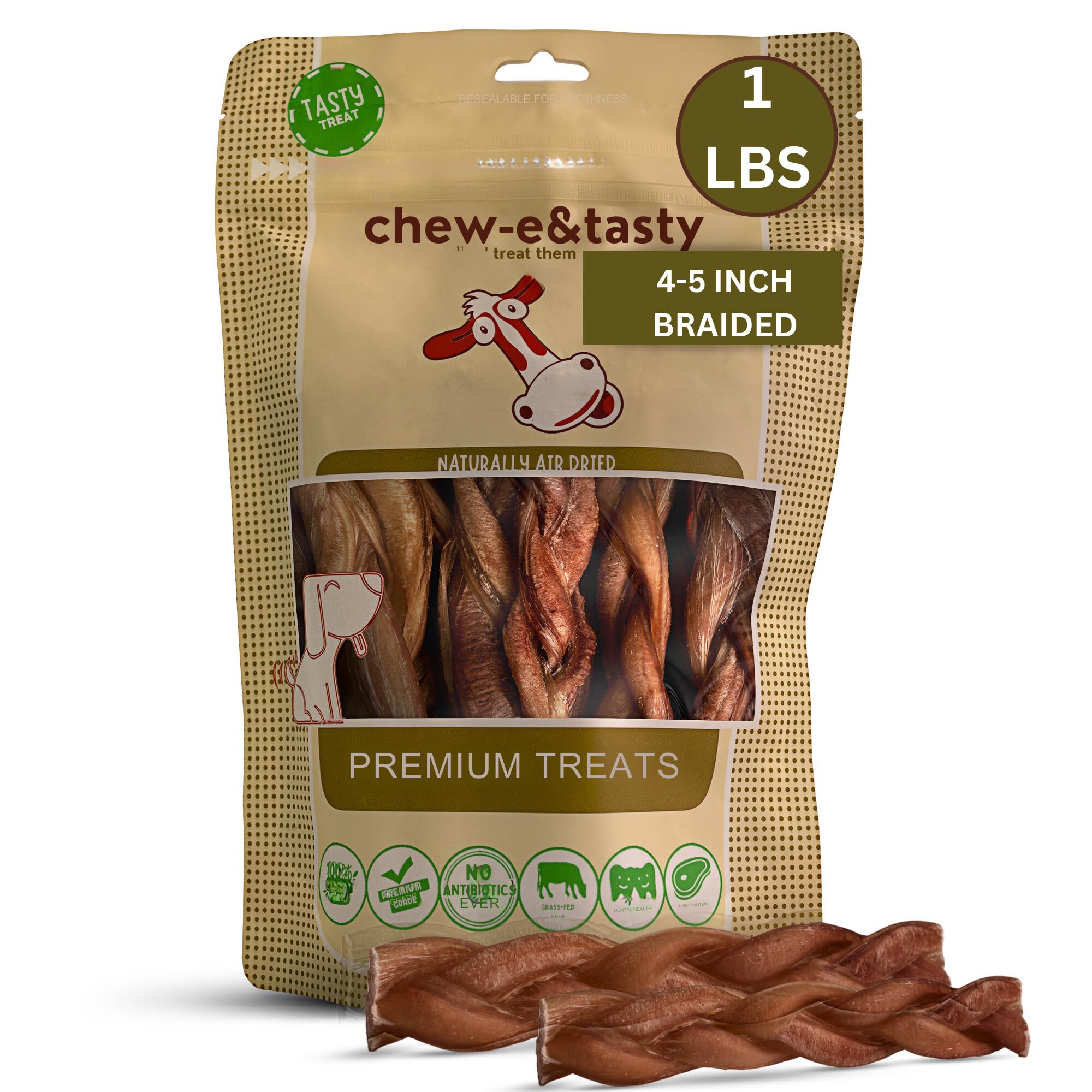 chew-e&tasty Braided 4-5 Bully Sticks Odor Free Long Lasting 100% Beef Chews- Made & Packaged at Food-Grade Facility - High Prot