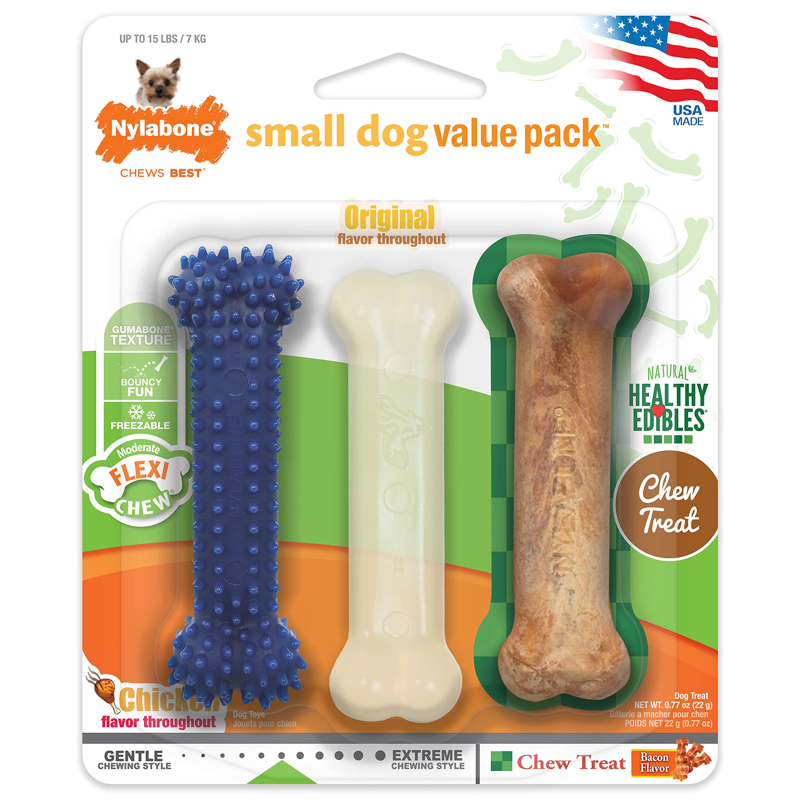 Nylabone Original Bone Flexi Chew Toy For Dogs, Dog Toys For Moderate Chewers, Chicken & Bacon Flavor, X-Small - Up To 15 Lbs, 3 Pack