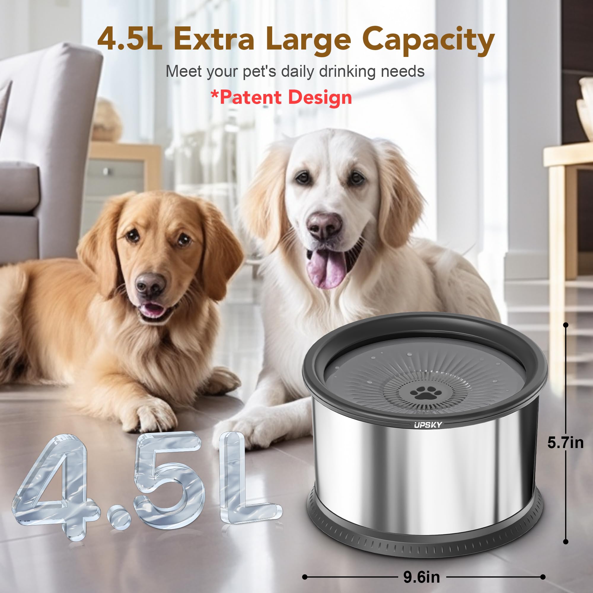 Upsky 4.5L Dog Water Bowl,Large Capacity No Spill Dog Water Bowl,Stainless Steel Spill Proof Slow Water Feeder,No Splash Water B