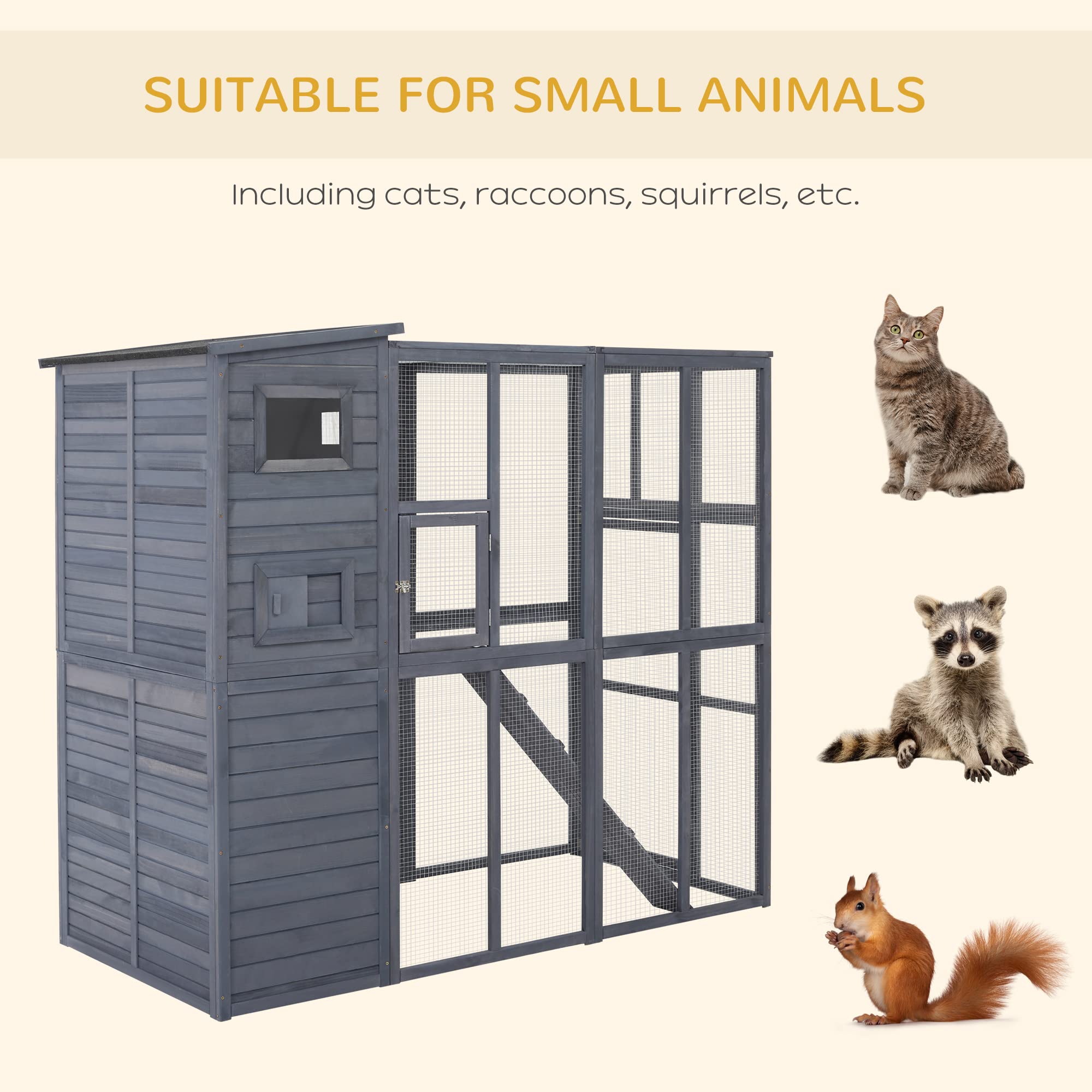 PawHut Large Cat House Outdoor Catio Wooden Feral Cat Shelter, Kitten Enclosure with Door, Cat Condo and Weather Protection Asph