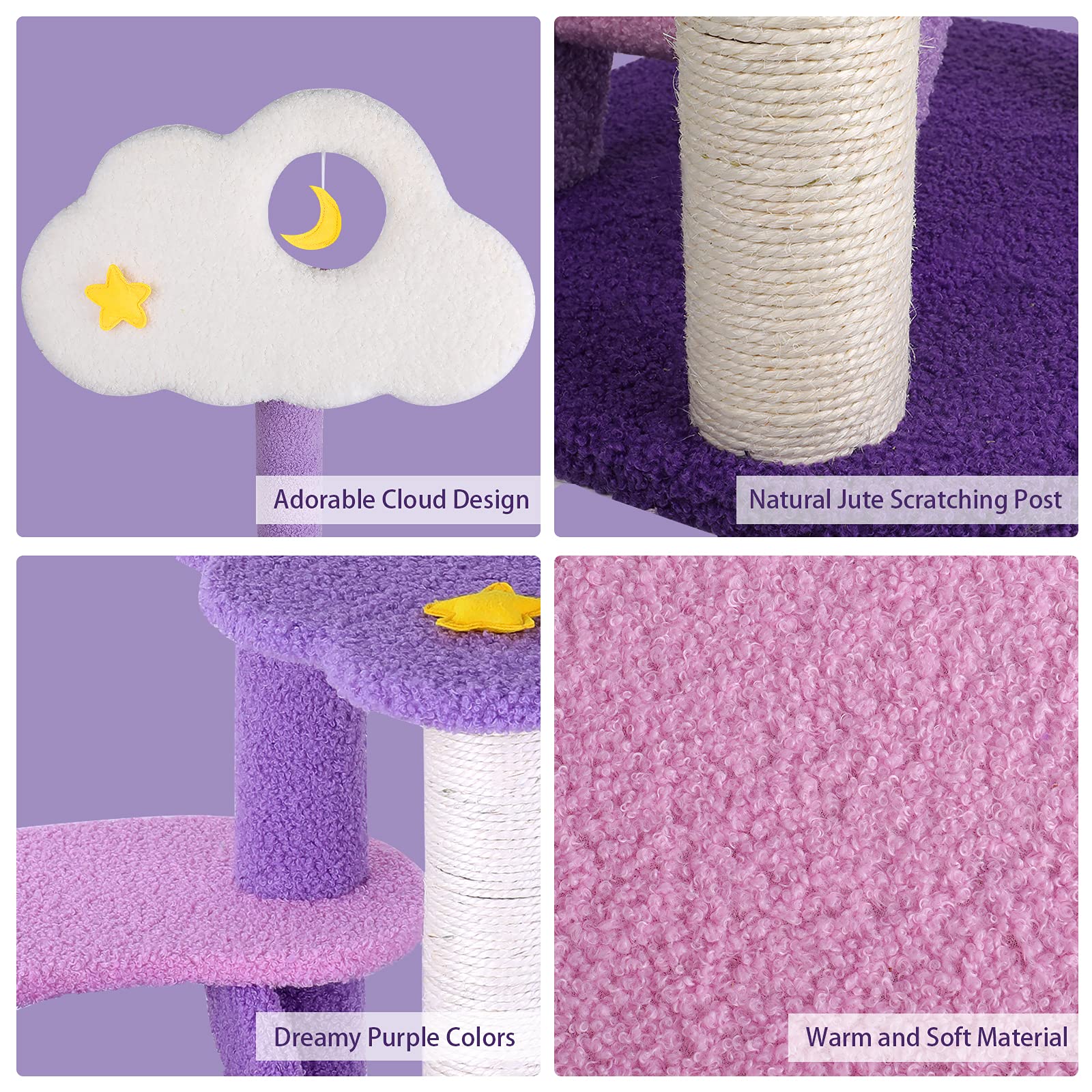 Lucky Monet 43 Inches Cat Tree Tower For Indoor Cats, 3-Layer Purple Cute Purple Pink Cat Tree Unique Cat Condo With Scratching