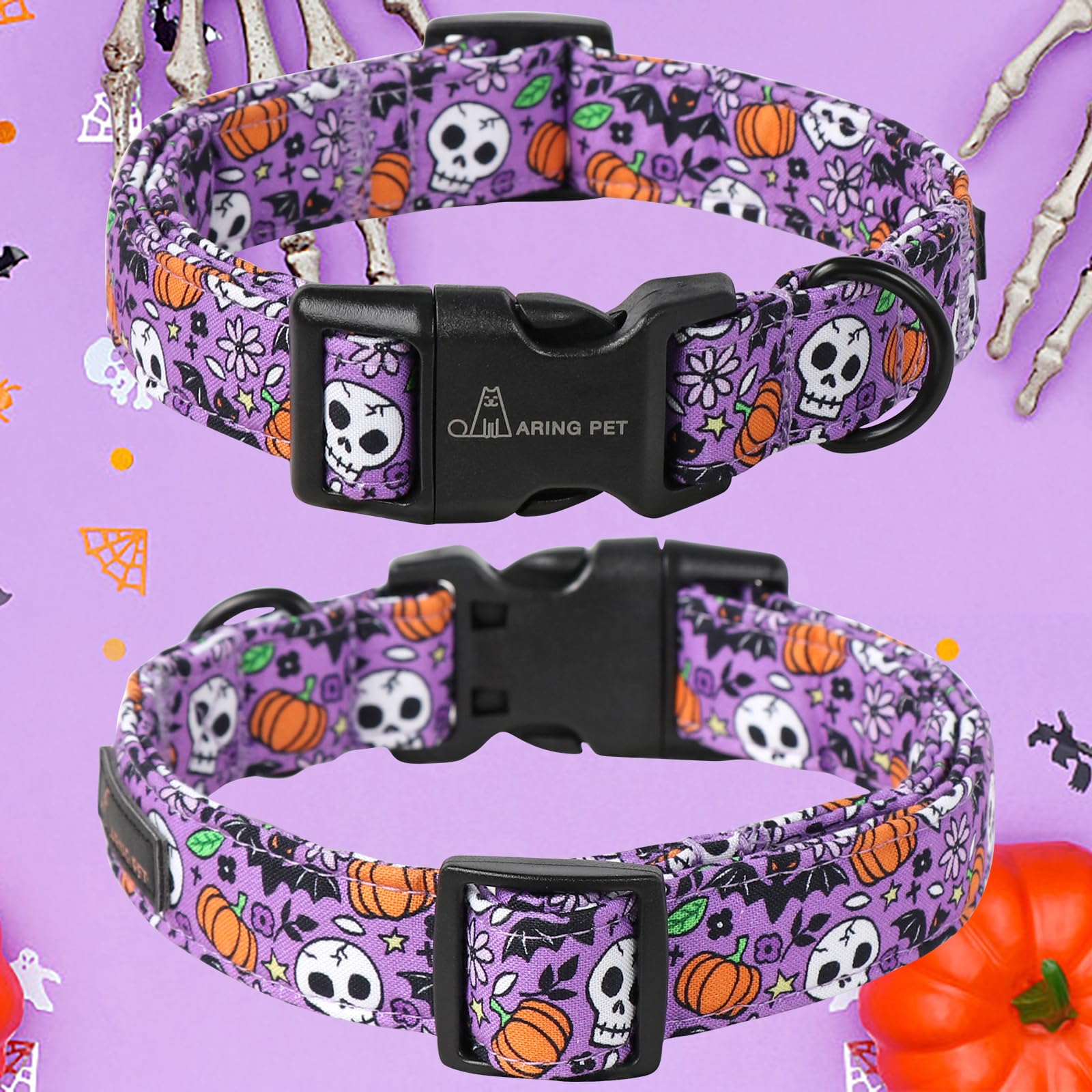 Aring Pet Halloween Dog Collar-Cotton Purple Pumpkin Dog Collars, Adjustable Skull Bat Print Pet Collar Puppy Collars With Quick Release Buckle For Girl&Boy Dogs