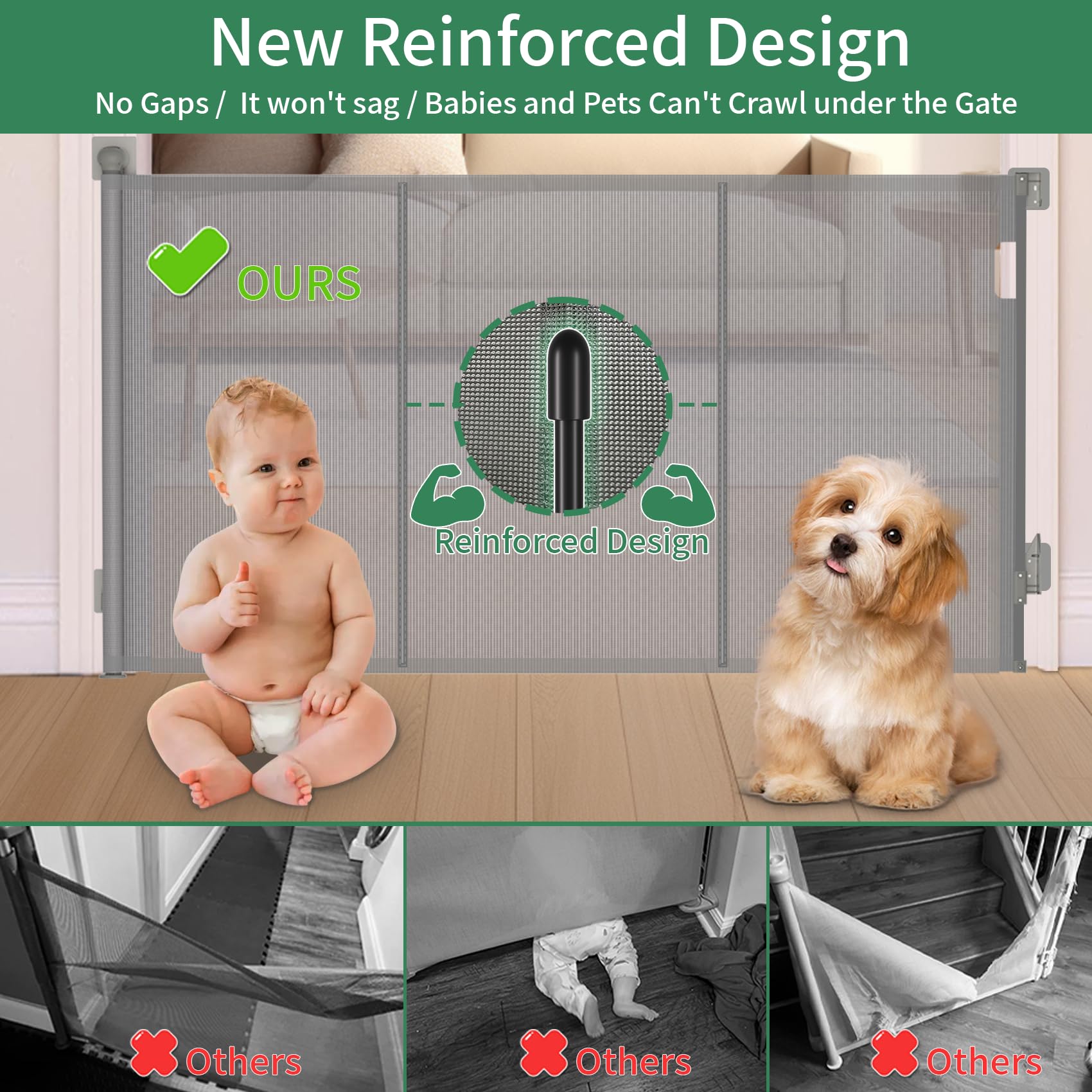 Reinforced Retractable Baby Gate, Extra 38  Tall, Extends up to 63  Wide, Hardwared Installation Mesh Gate for Stairs, Dog Gate,