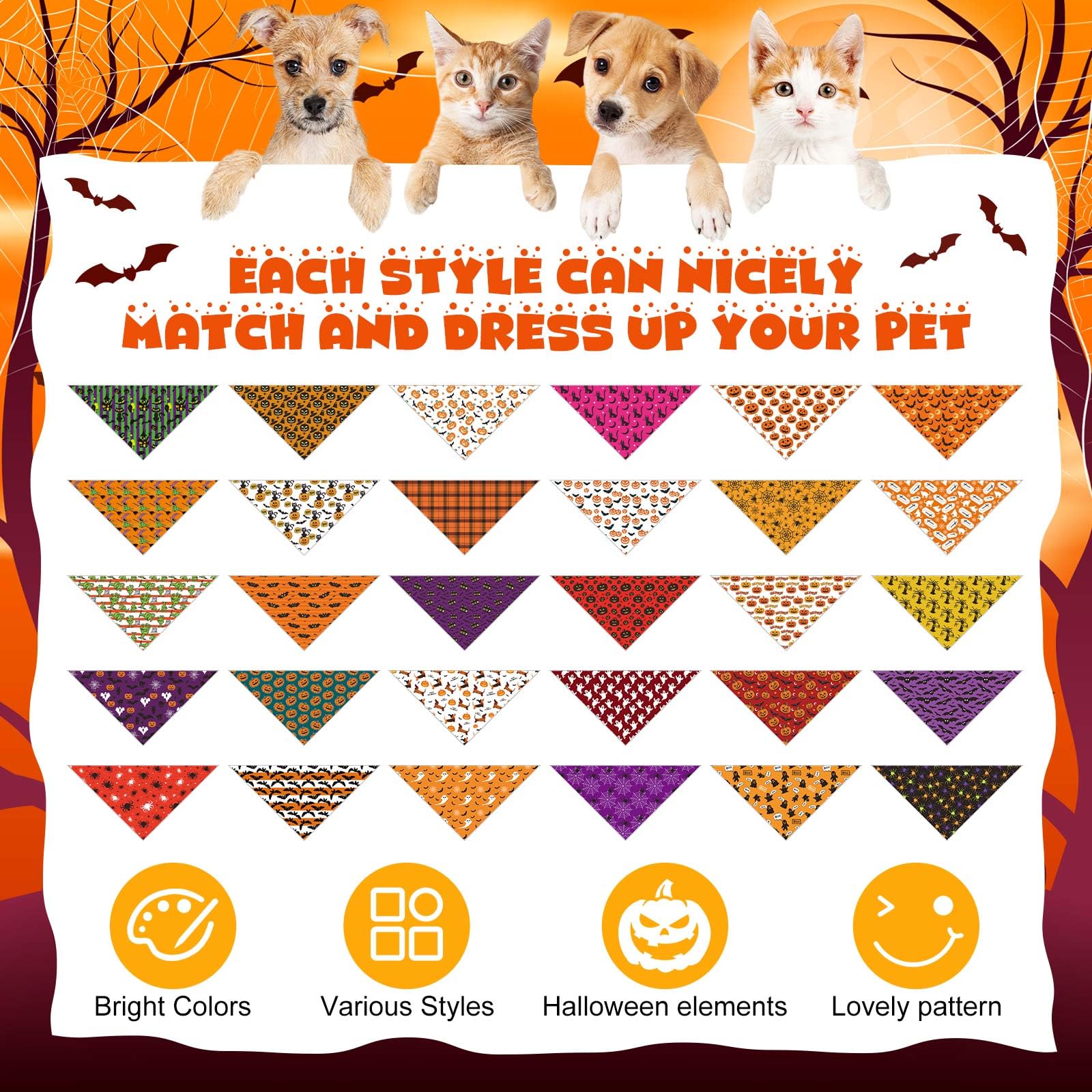 Aliceset 180 Pcs Halloween Dog Bandanas Bulk Halloween Bandana for Dog Adjustable Washable Pet Triangle Scarf Cute Kerchief Scar