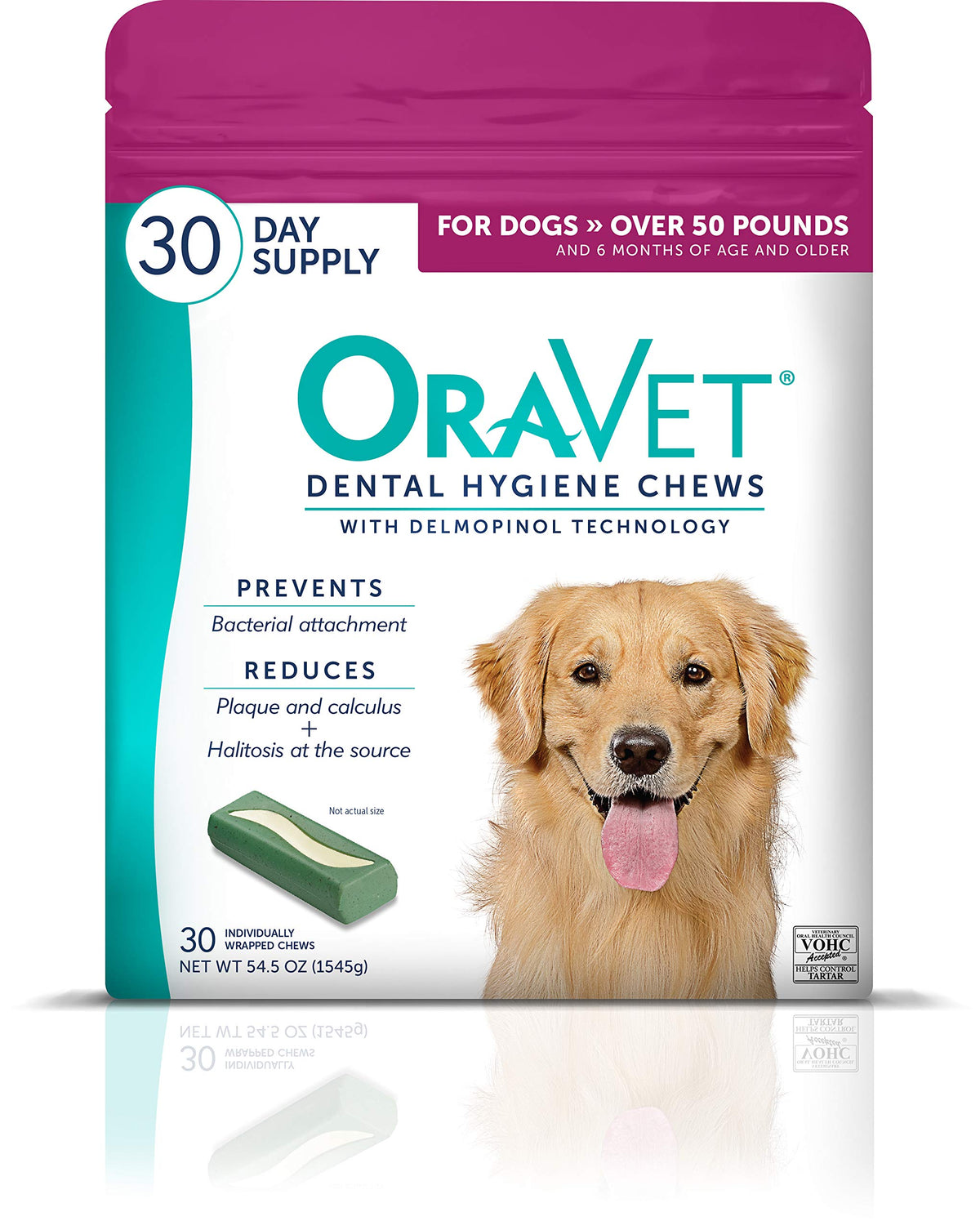 Oravet Dental Chews For Dogs, Oral Care And Hygiene Chews (Large Dogs, Over 50 Lbs.) Pink Pouch, 30 Count (Pack Of 1)