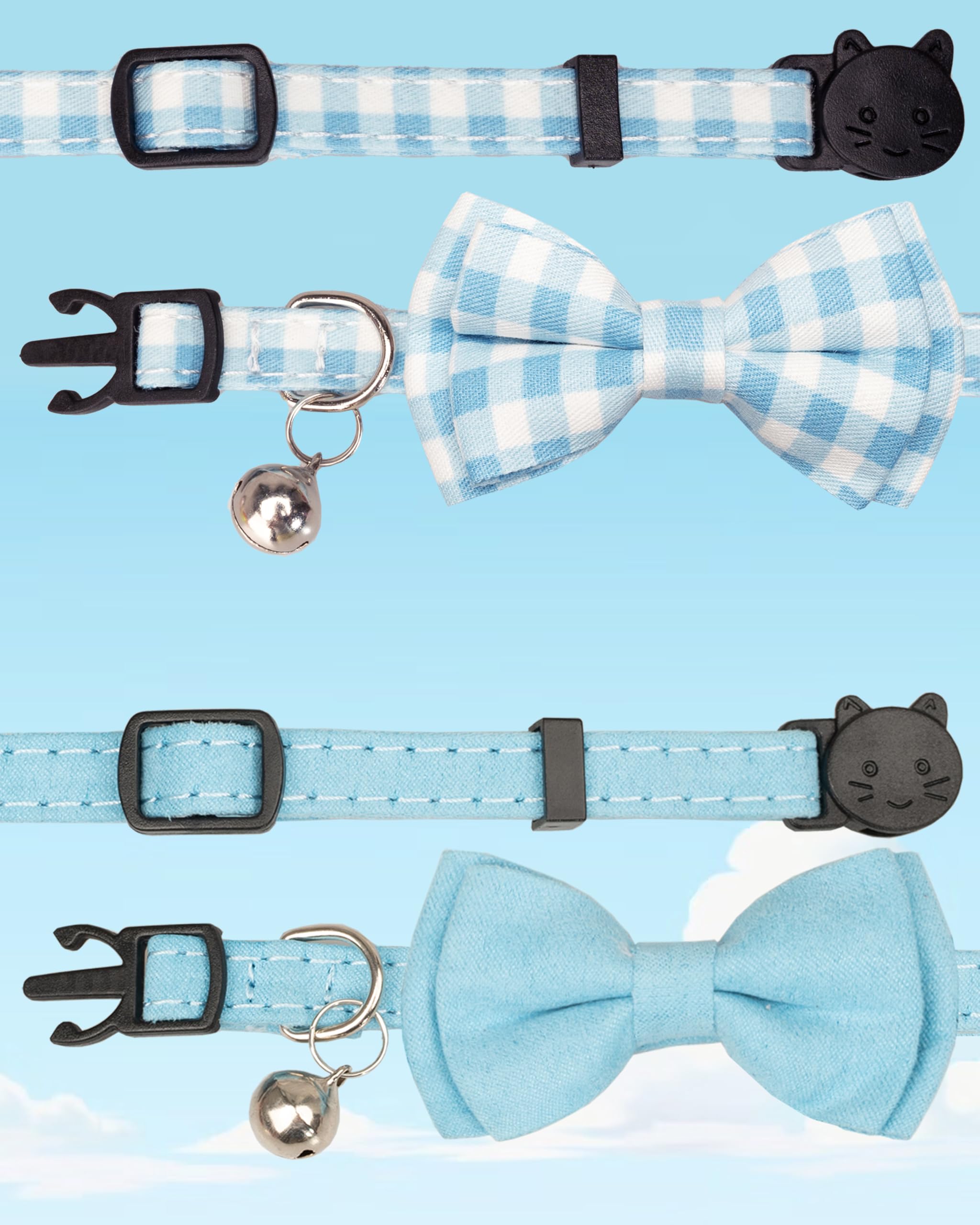Gyapet Cat Collar Breakaway With Bell Boy Girl Kitten Bow Tie Safety Plaid Solid Color Set Cute Soft Summer [2Pcs] Blue