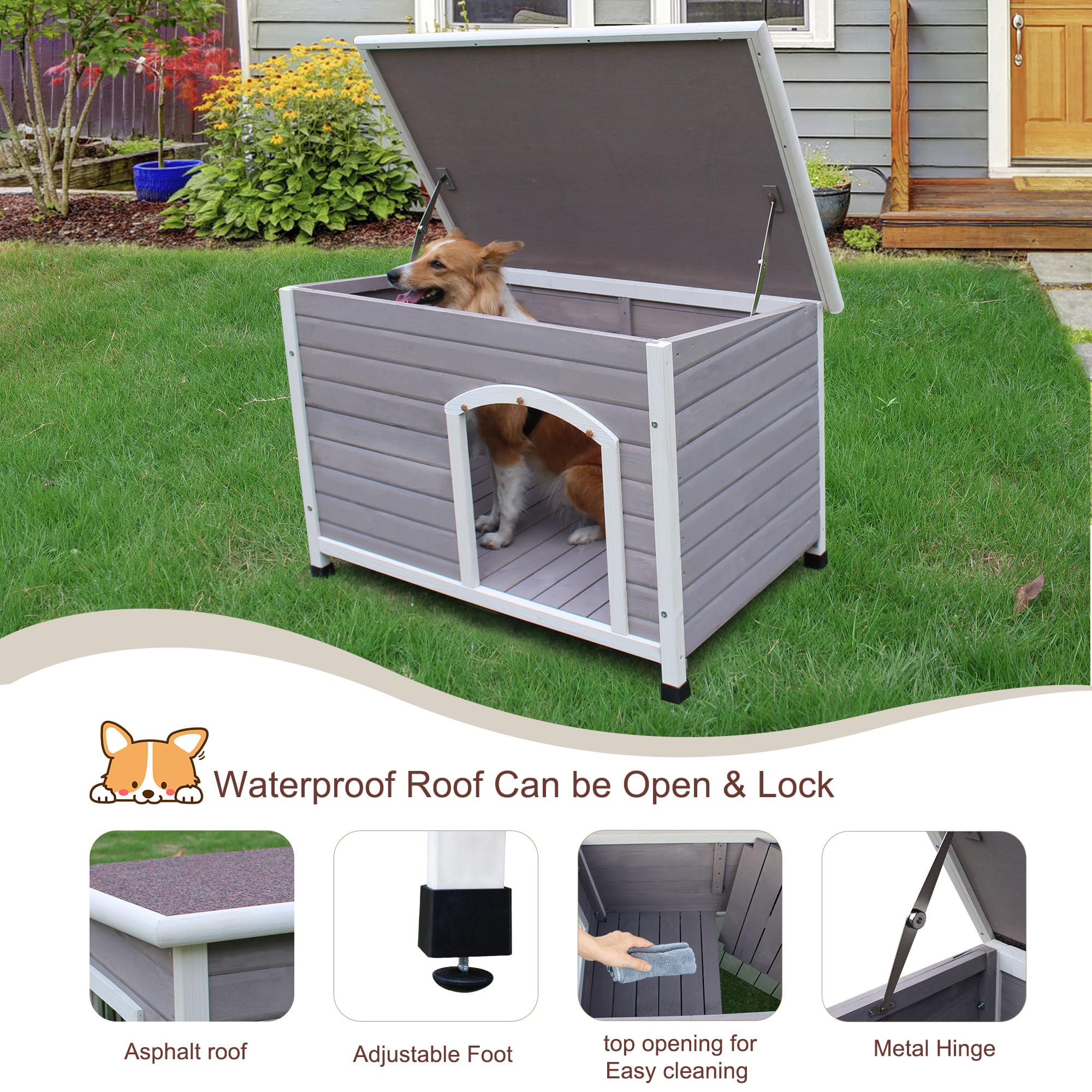 44'' Wooden Large Dog Houses Outdoor Indoor, Waterproof Dog Houses Outside With Window Dog House For Small To Large Sized Dogs-G