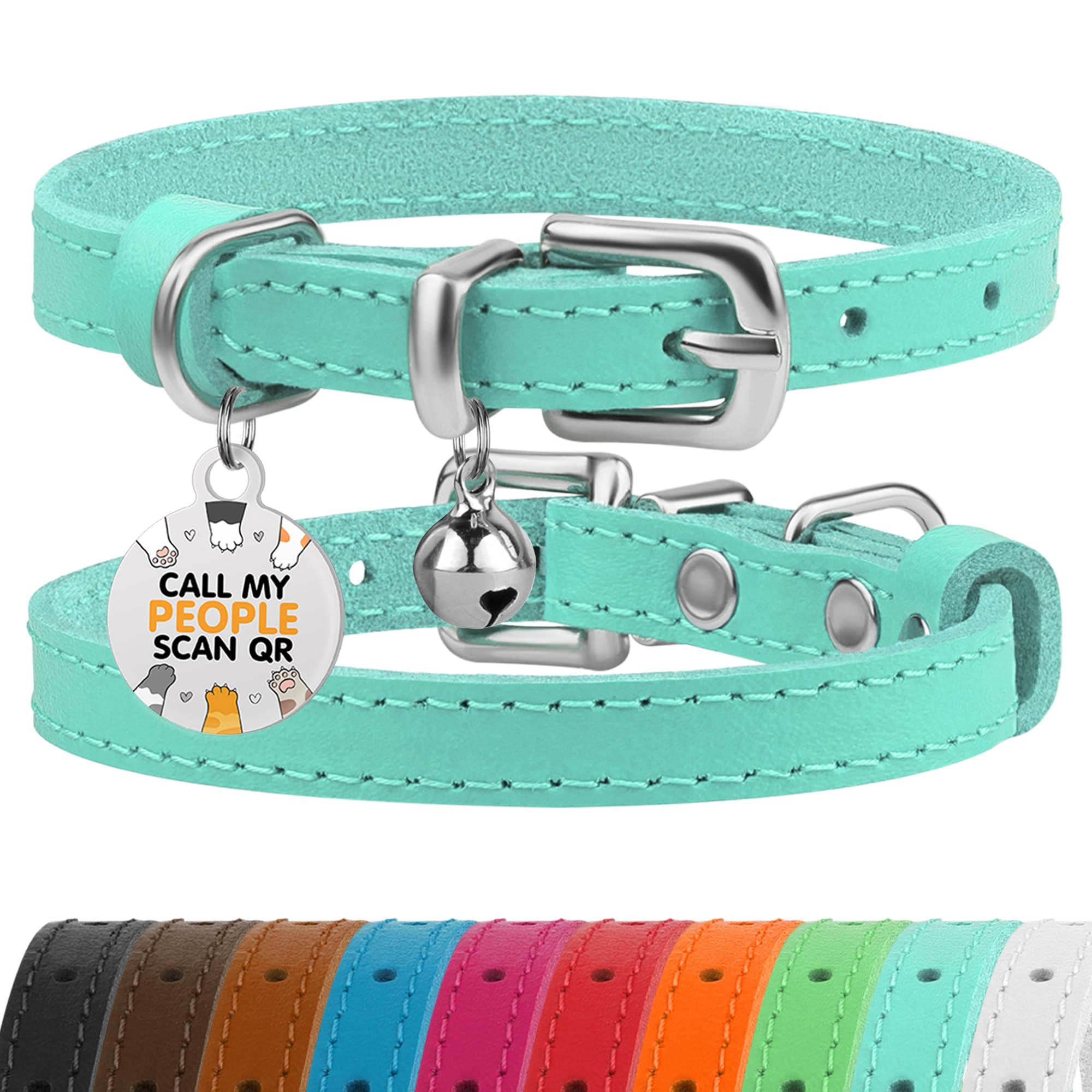 Bronzedog Leather Cat Collar With Removable Bells Non Breakaway Kitten Qr Tag For Girl Boy (7'' - 9'' For Cats, Turquoise & Silv