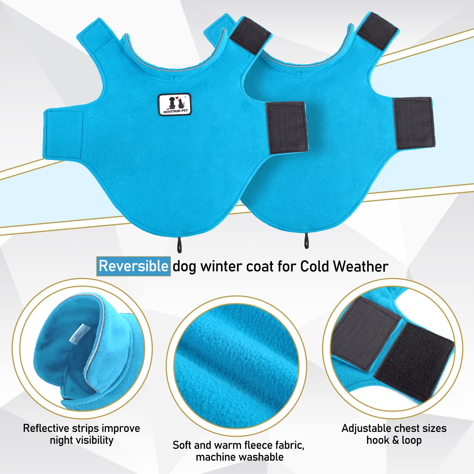 Dentrun Windproof Winter Warm Fleece Medium Dog Coat Reversible Puppy Jacket Reflective Soft Pet Vest, Cold Weather Dog Sweater