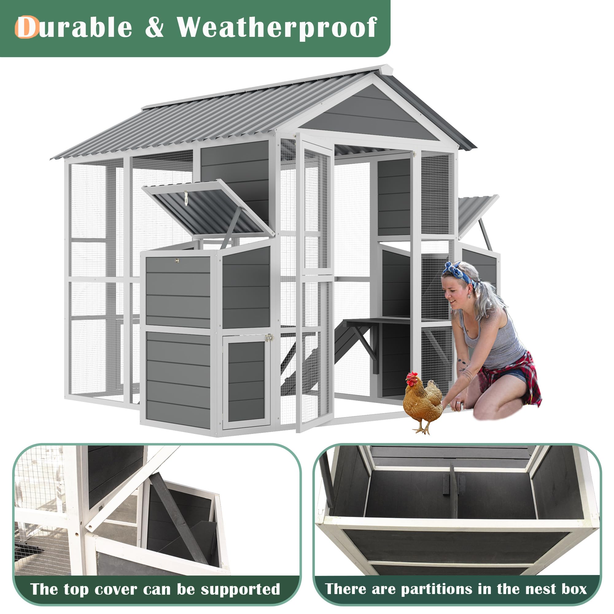 YOPTO Outdoor Wooden Chicken Coop for 10 Chickens,Large Hen House Poultry Habitat Pet Hutch Run Cage with 2 Chicken Nesting Boxe