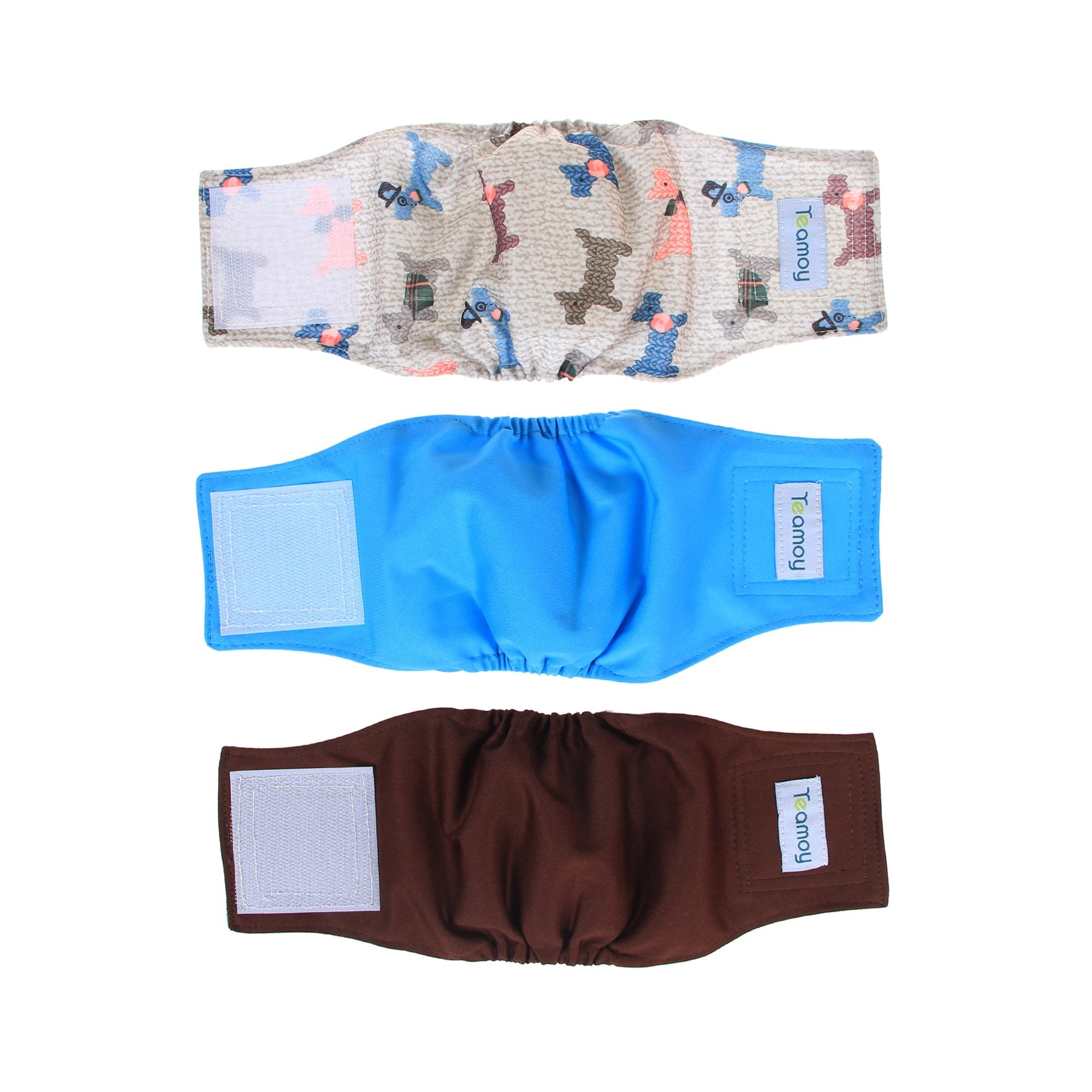 Teamoy Reusable Wrap Diapers for Male Dogs, Washable Puppy Belly Band Pack of 3 (XS, 7''-9'' Waist, Light Blue+ Dogs+Coffee)