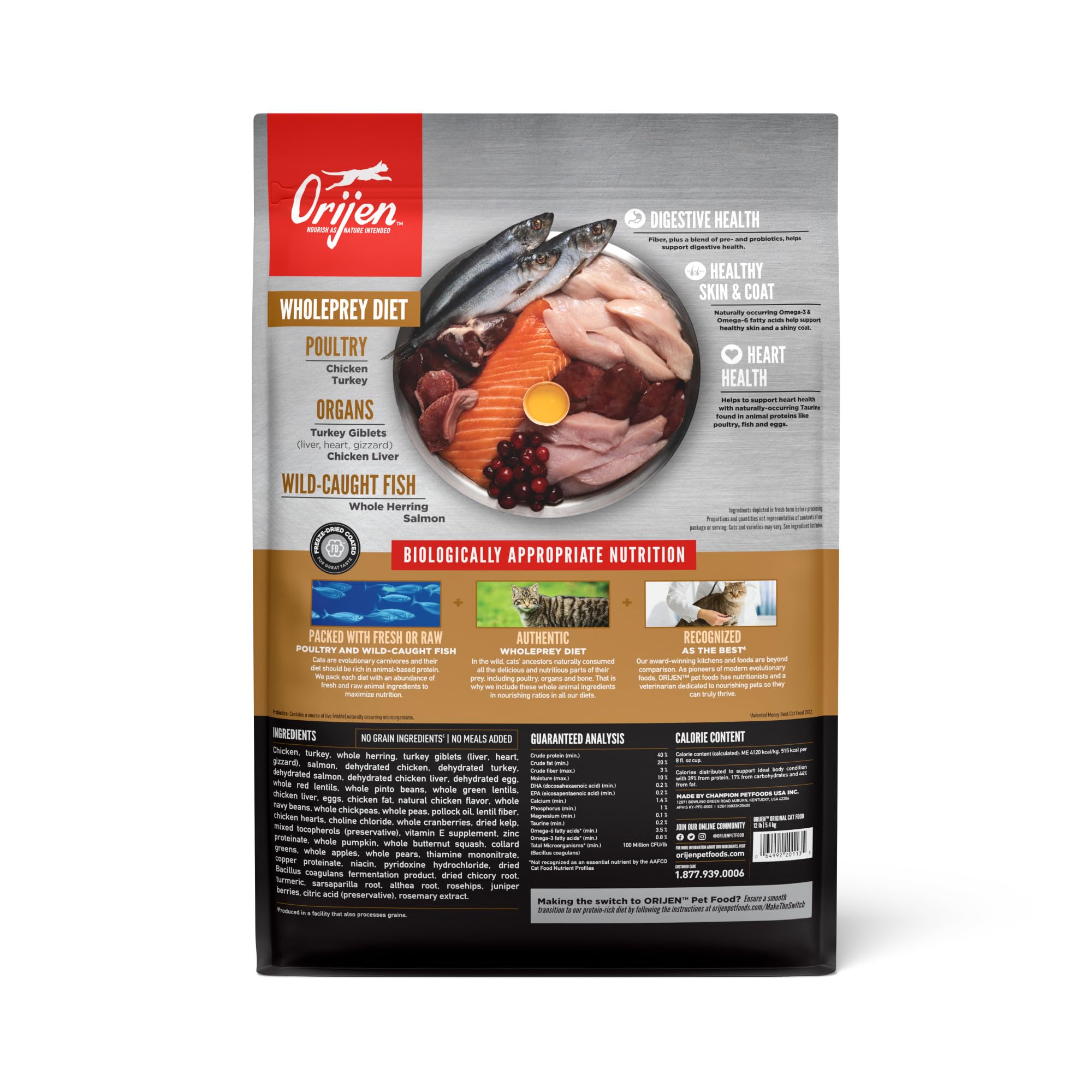 ORIJEN Original Cat, Grain Free Dry Cat Food for All Life Stages, with WholePrey Ingredients, 12lb