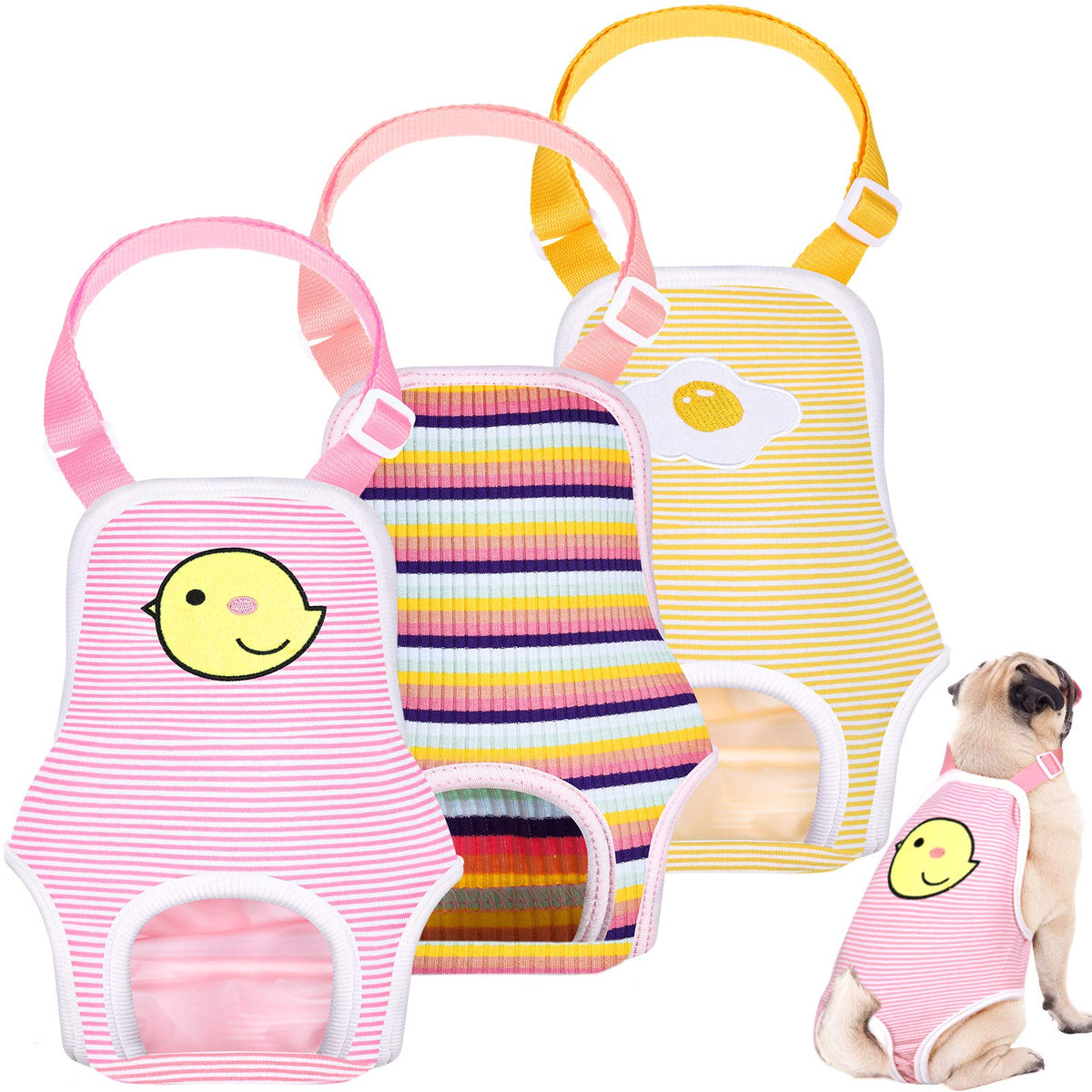 3 Pieces Dog Diaper Striped Sanitary Pantie With Adjustable Suspender Washable Reusable Puppy Sanitary Panties Cute Pet Underwear Diaper Jumpsuits For Female Dogs (Cute Pattern, L)