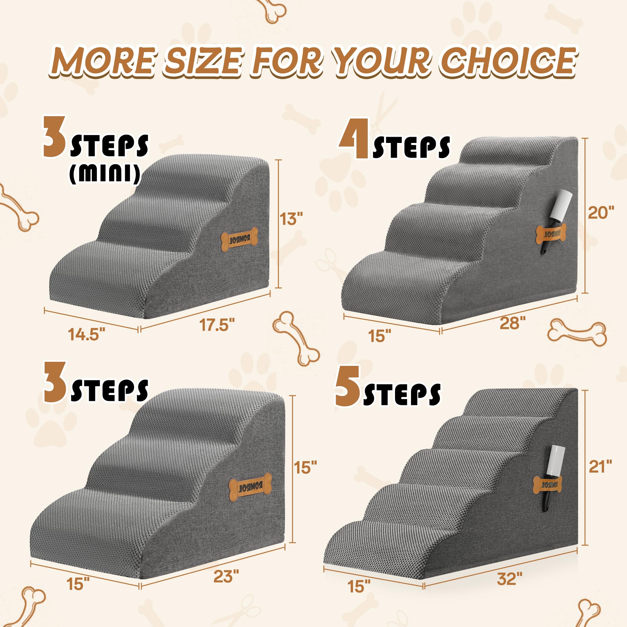Dog Stairs, Romrol Dog Steps Ramp For High Bed And Couch, Dog Ramp With Durable Non-Slip Waterproof Fabric Cover, Pet Stairs For