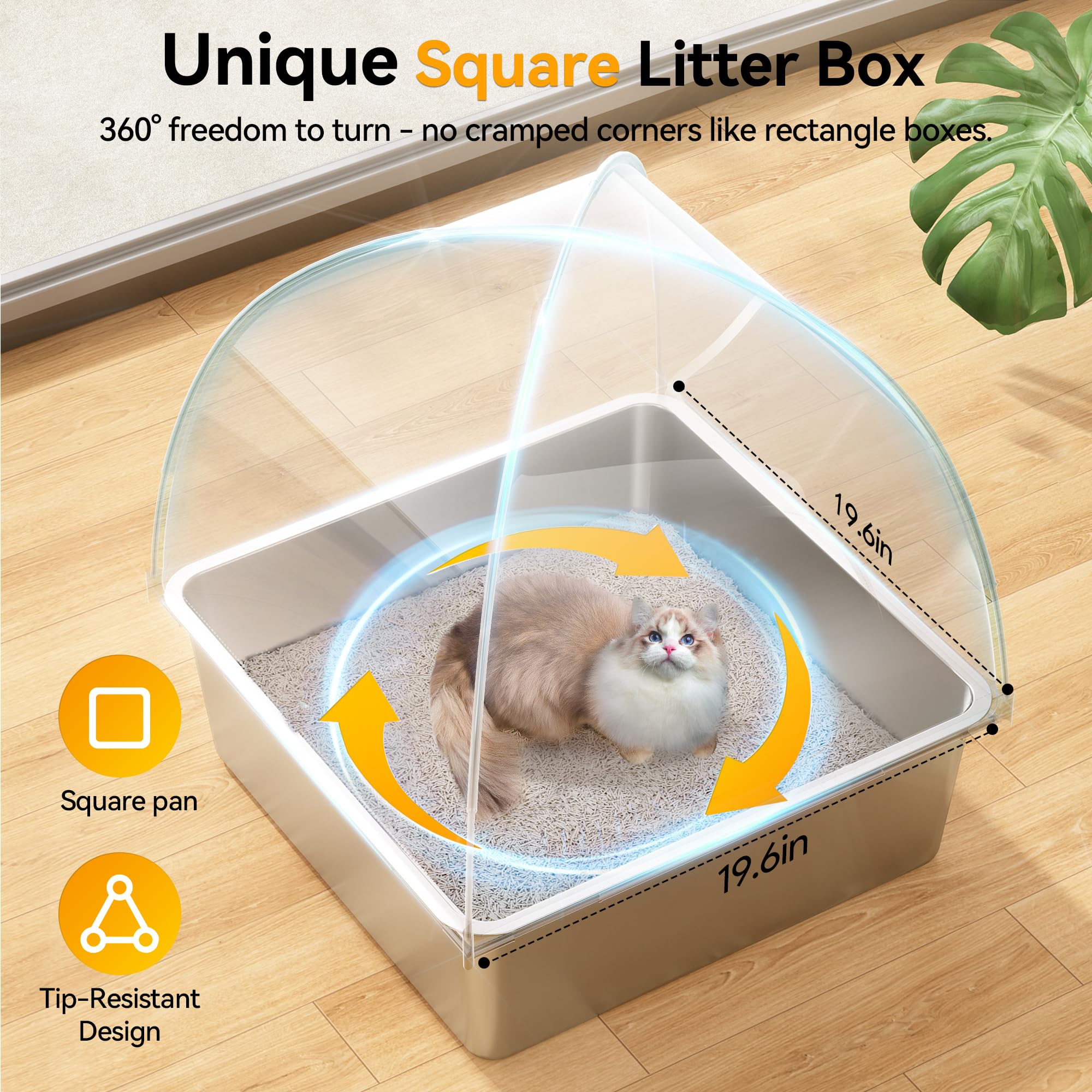 Meowant Stainless Steel Cat Litter Box with Lid, Extra Large Square 3-in-1 Enclosed Metal Litter Box with High-Sided Oxford Fabr