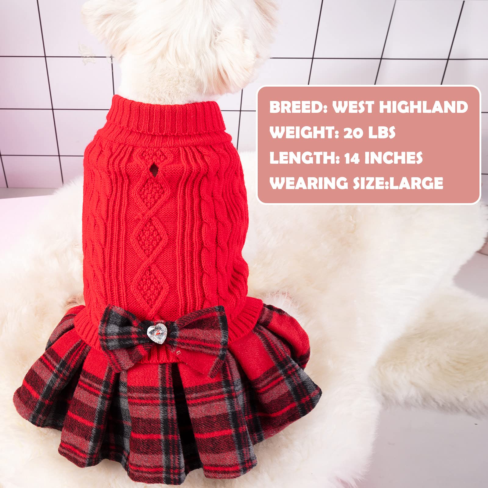 Kyeese Christmas Dogs Sweater Dress Plaid For Small Dogs With Bowtie Turtleneck Dog Pullover Knitwear Puppy Cat Sweaters Red