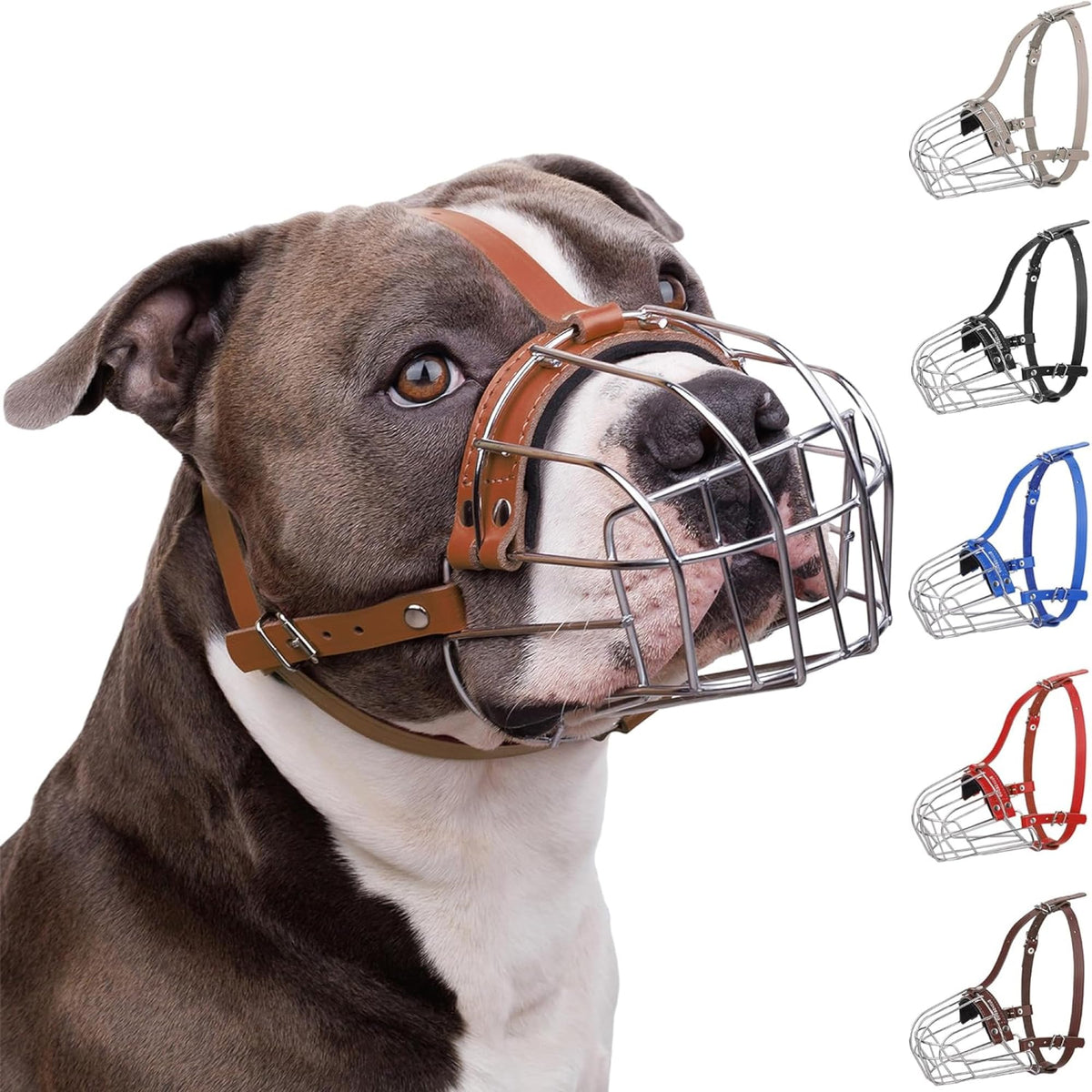 Bronzedog Pitbull Dog Muzzle Breathable Metal Basket For Large Dogs Amstaff Staffordshire Terrier Biting Chewing Barking (Leather, Brown)