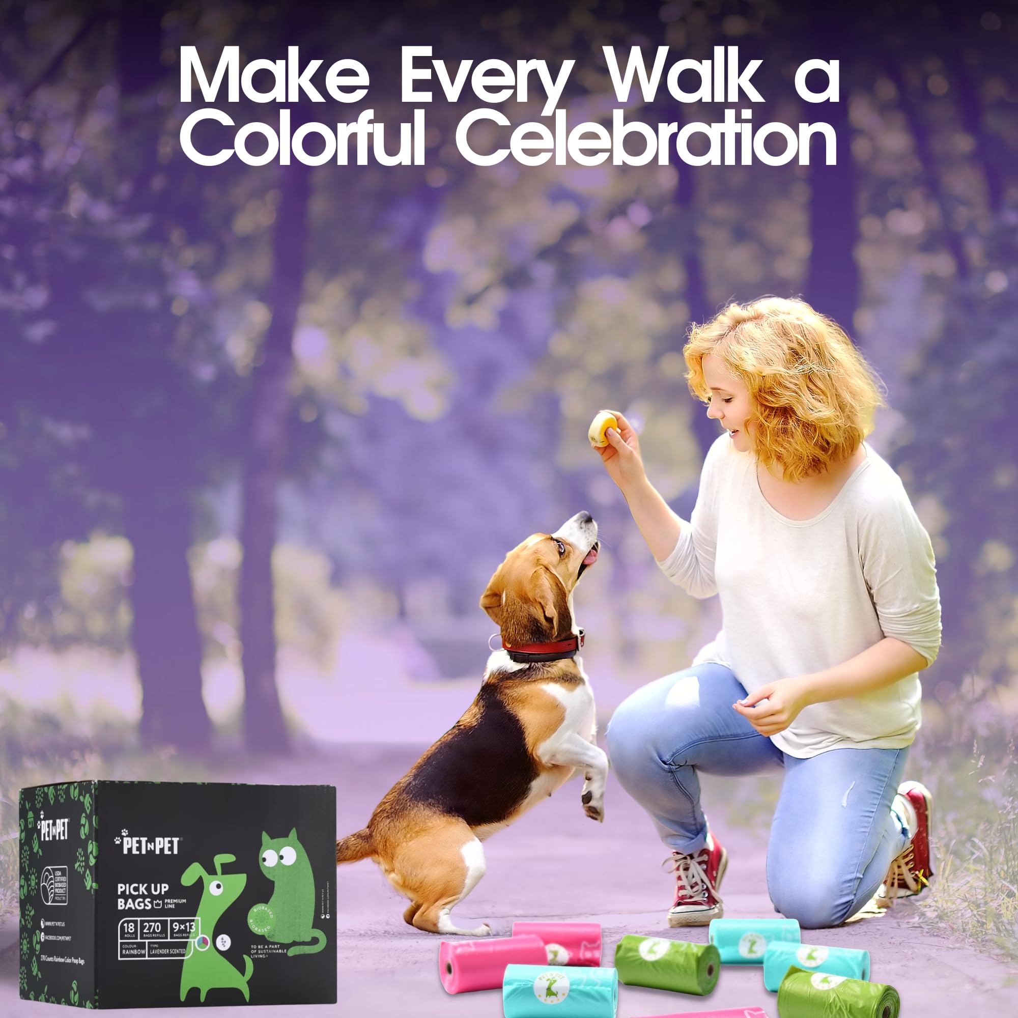 PET N PET Lavender Scented Dog Poop Bags, 270 Count, Plant-Based, Colorful Rainbow, Model PNP Rainbow