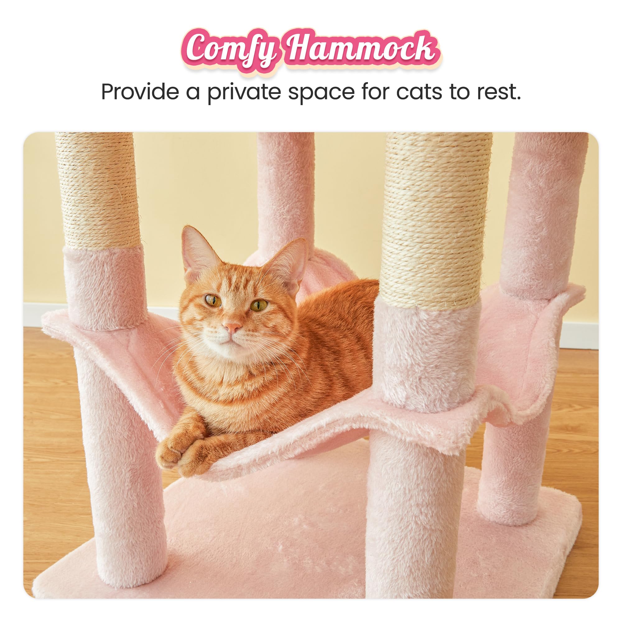 Mwpo 63.8-Inch Pink Cat Tree For Indoor Cats, Multi-Level Cat Tower With Sisal-Covered Scratching Posts, Padded Platform, Hammock, Dangling Toys, Stable Cat Condo Pet Play House