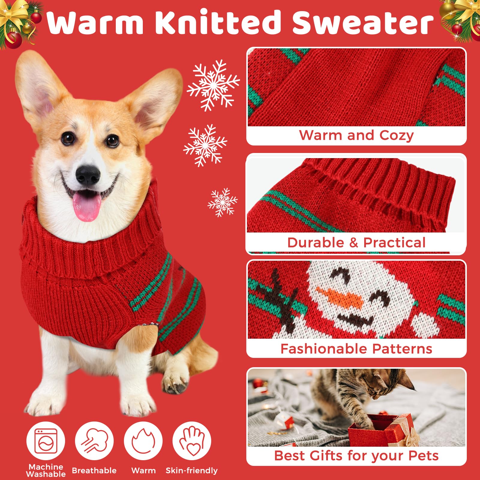 Christmas Sweaters For Small, Medium & Large Dogs - Soft, Warm Dog Clothes For Outdoors, Turtleneck, Double Knitting Collar, Sno