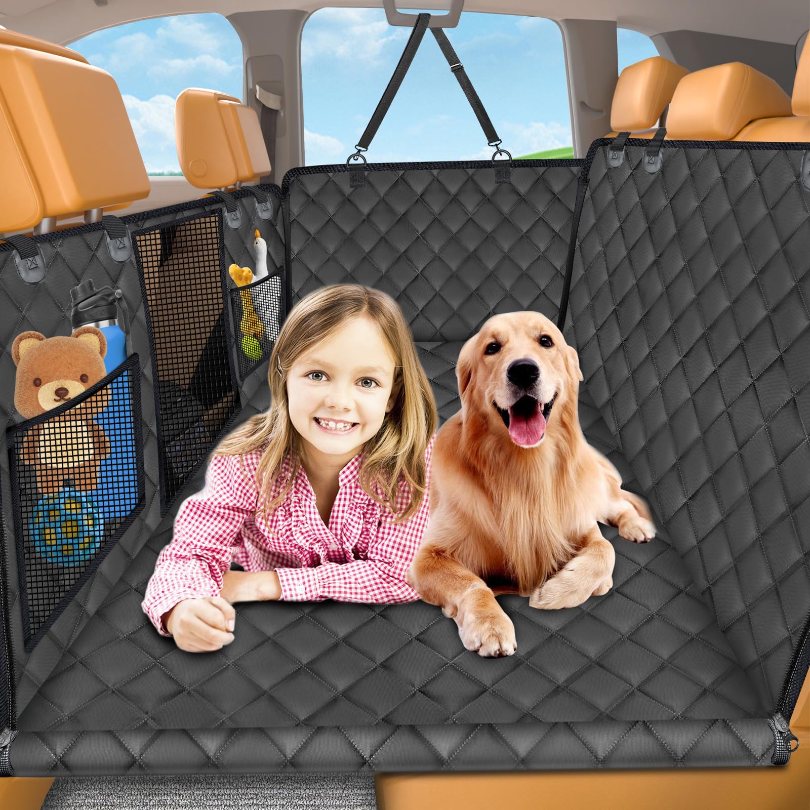 Urpower Back Seat Extender For Dogs, Dog Car Seat Cover Hard Bottom Holds 400 Lbs, Waterproof Dog Hammock For Car Pet Backseat Protector With Mesh Window, Large Space Dog Travel Bed For Car & Suv