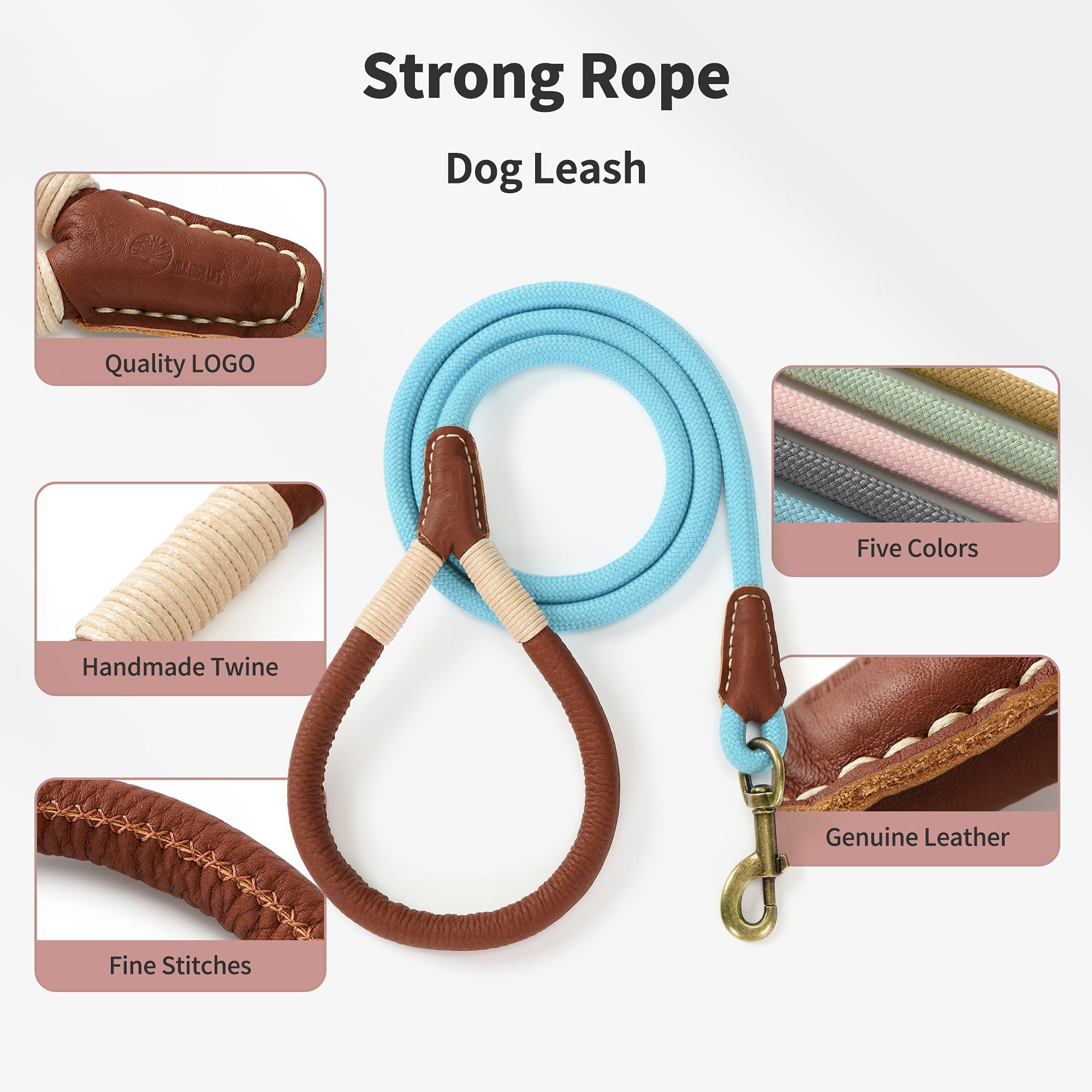 Mile High Life | Premium Leather Dog Leash | Strong Rope Dog Leash | Leather Handle | Heavy Duty Clasp | Small Medium Large Dogs | Diameter 1/2' (Blue, 6 Feet)