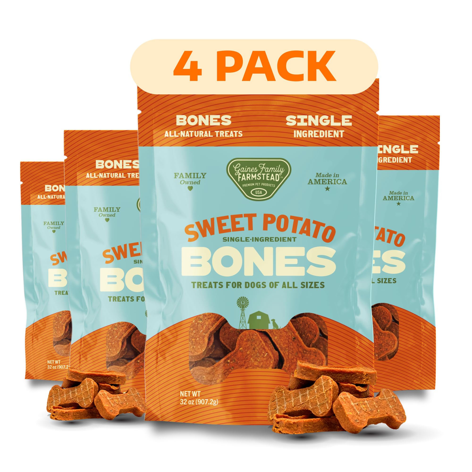 Gaines Family Farmstead Sweet Potato Dog Bones 4 Pack - 32 oz, All-Natural, Single Ingredient, Grain-Free Dog Treats for Digesti