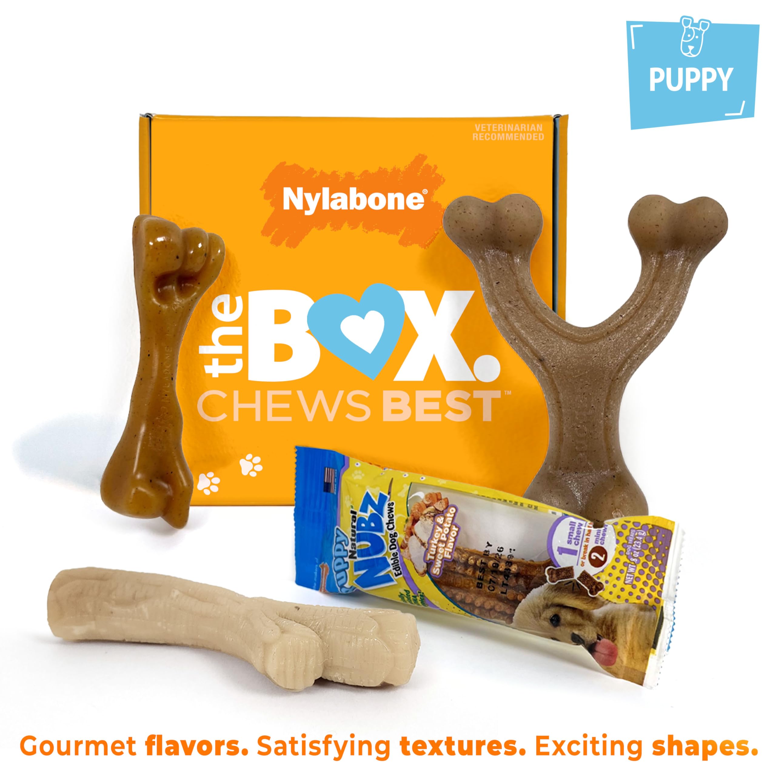 Nylabone Puppy Gift Box, Includes 3 Strong Chew Toys and 1 Natural Dog Treat, Gifts for Puppies, Small - Up to 25 lbs, 4 Pack
