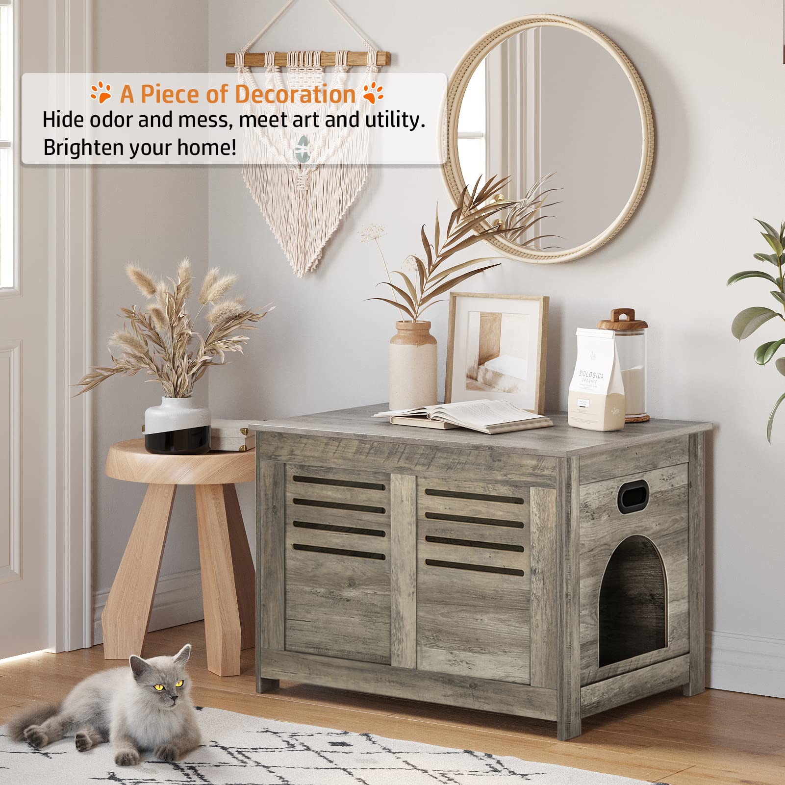 Dinzi Lvj Litter Box Enclosure, Flip-Top Enclosed Litter Box, Hidden Cat Washroom With Good Ventilation, Entrance Can Be On Left Or Right, Cat House Furniture For Most Of Cat And Litter Box, Grey Wash