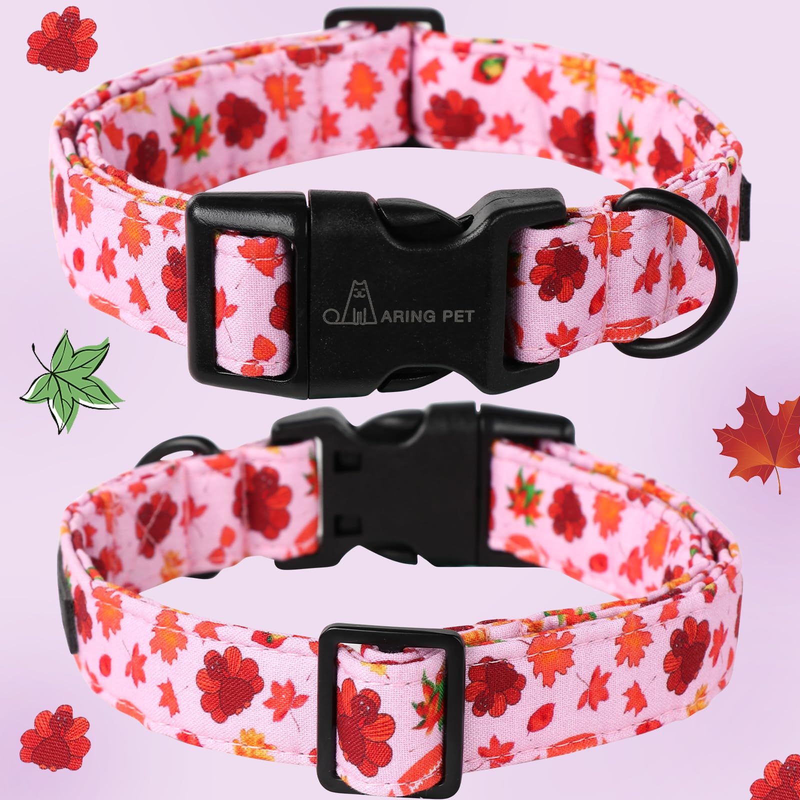 Aring Pet Fall Dog Collar Pink Maple Leaf Rugby Dog Collars, Cotton Lightweight Thanksgiving Turkey Dog Collars Puppy Collar For