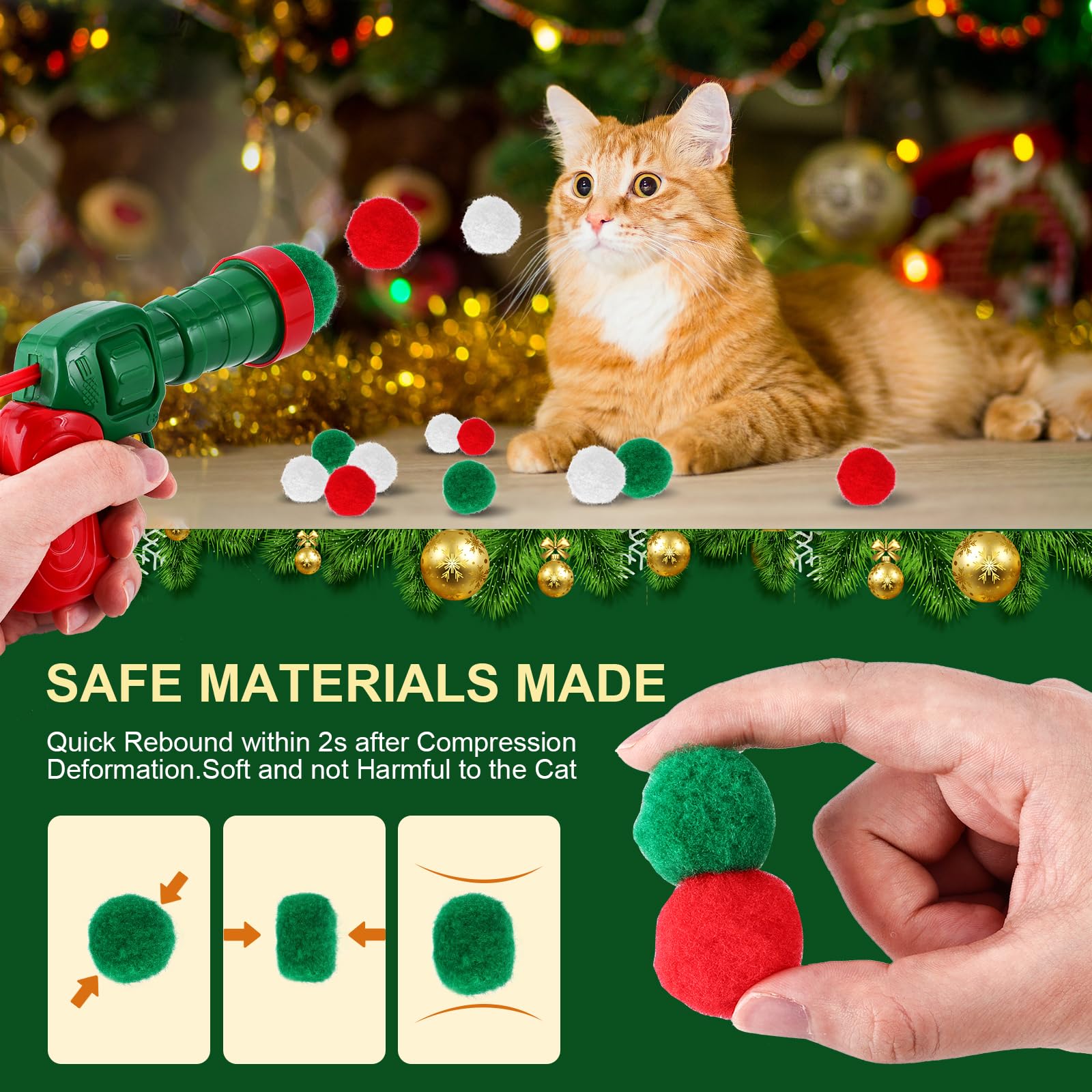 Teawoo Cat Toy Balls With Launchers Set (2+60), 60 Cat Pom Pom Balls & 2 Cat Toy Ball Launchers, Cat Enrichment Toys, Interactiv